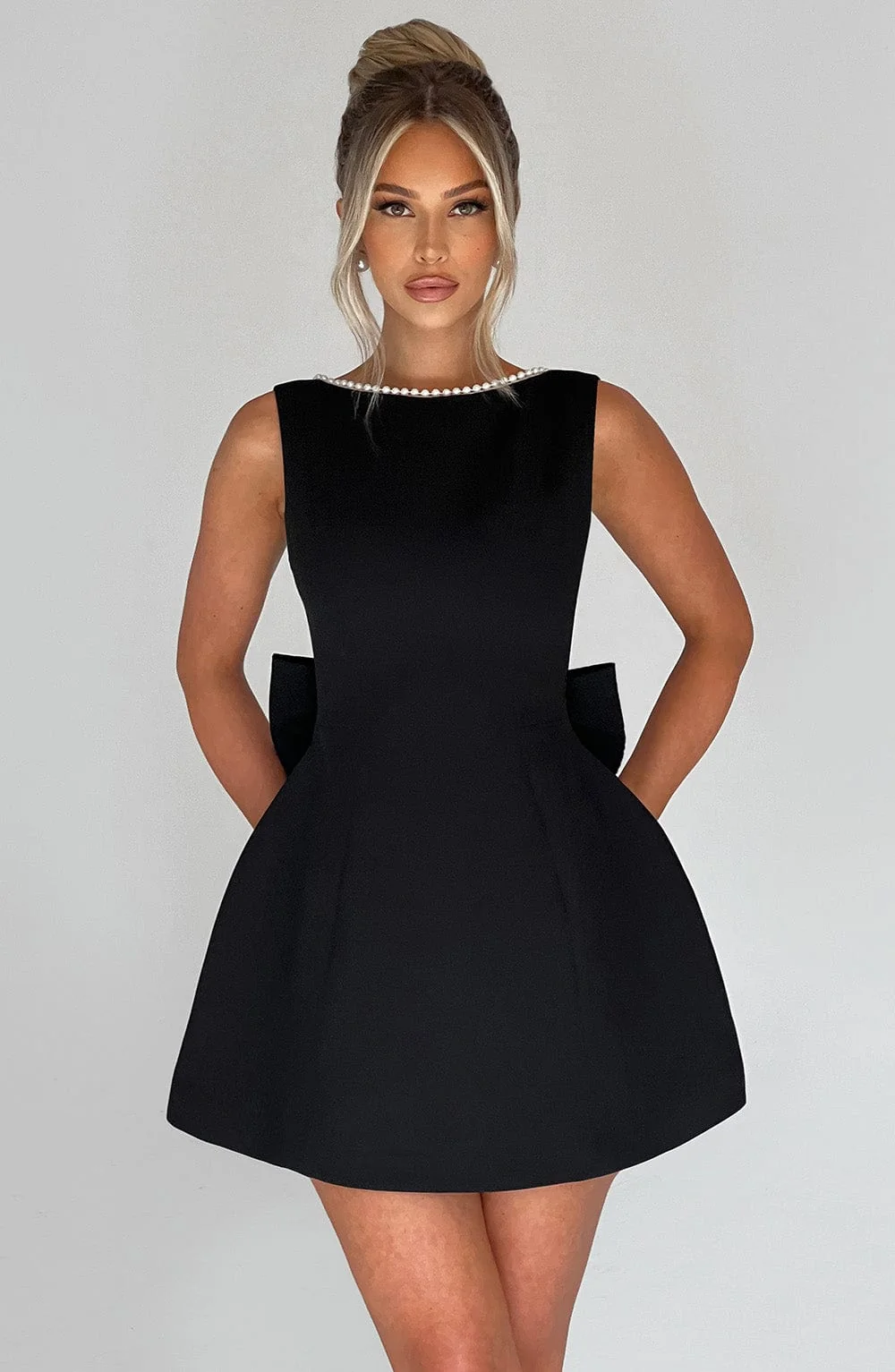 Black Crepe Mini Dress with Pearl Embellishments
