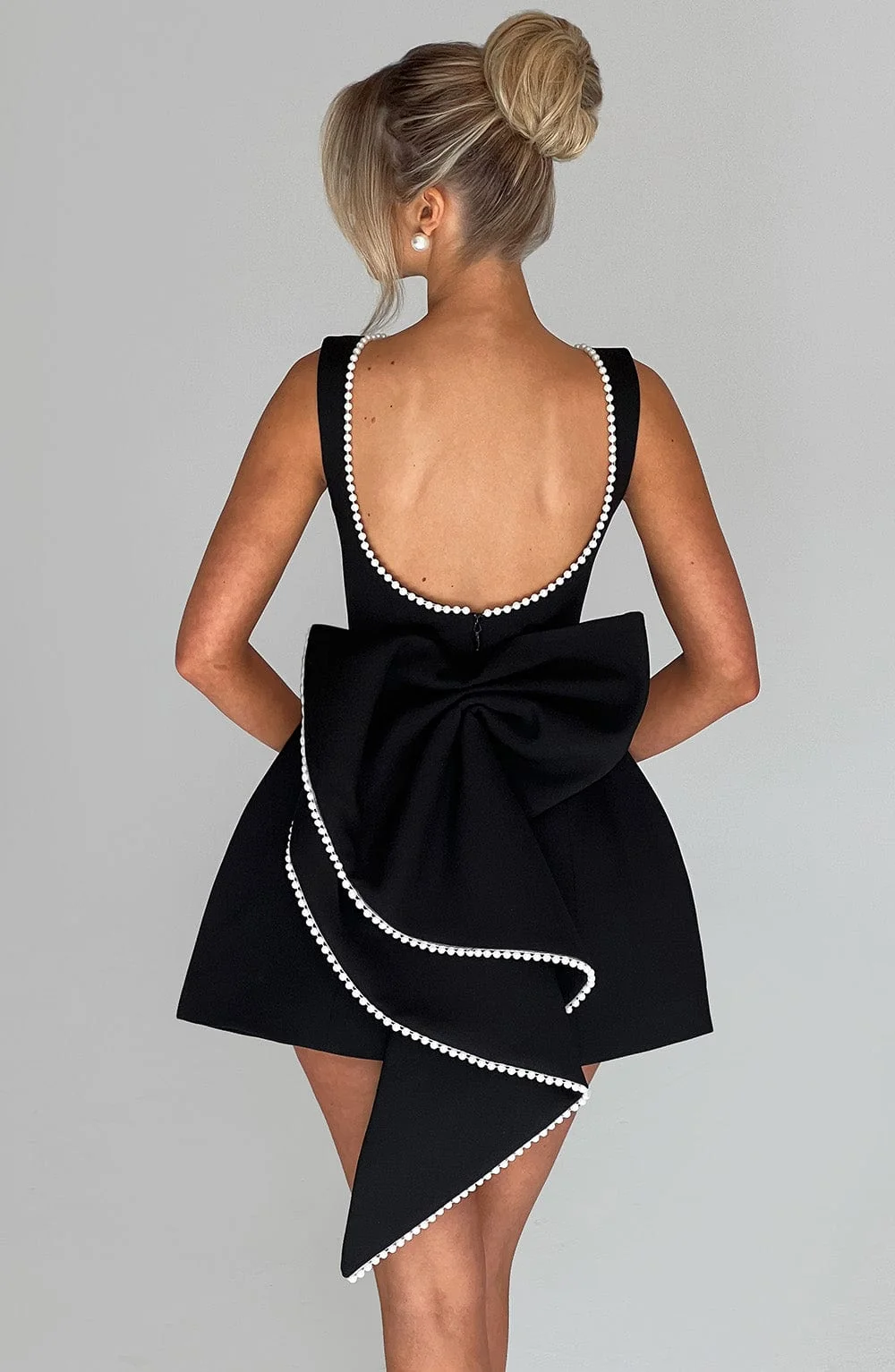 Black Crepe Mini Dress with Pearl Embellishments