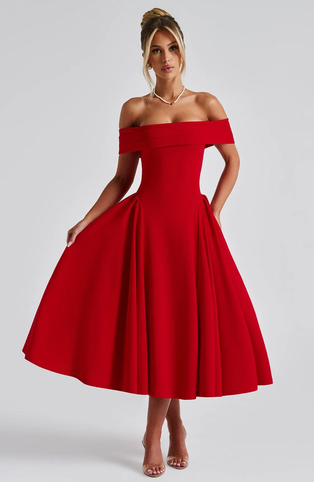 Red Stretch Crepe Bardot Neckline Midi Dress