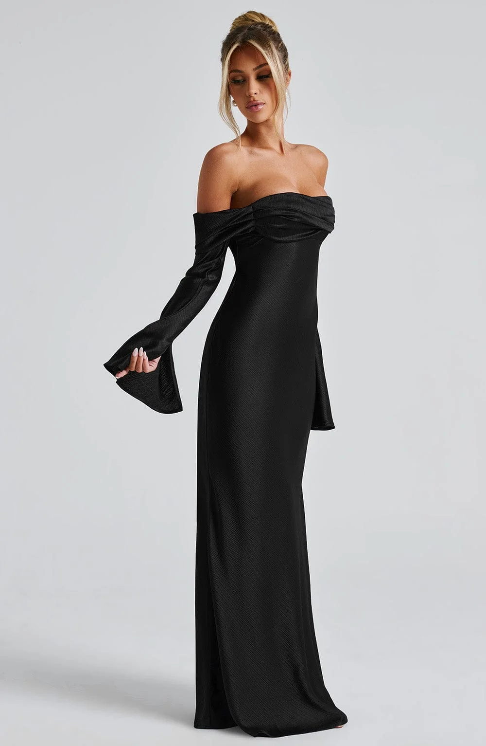 Elegant Black Satin Cocktail Maxi Dress with Bardot Neckline