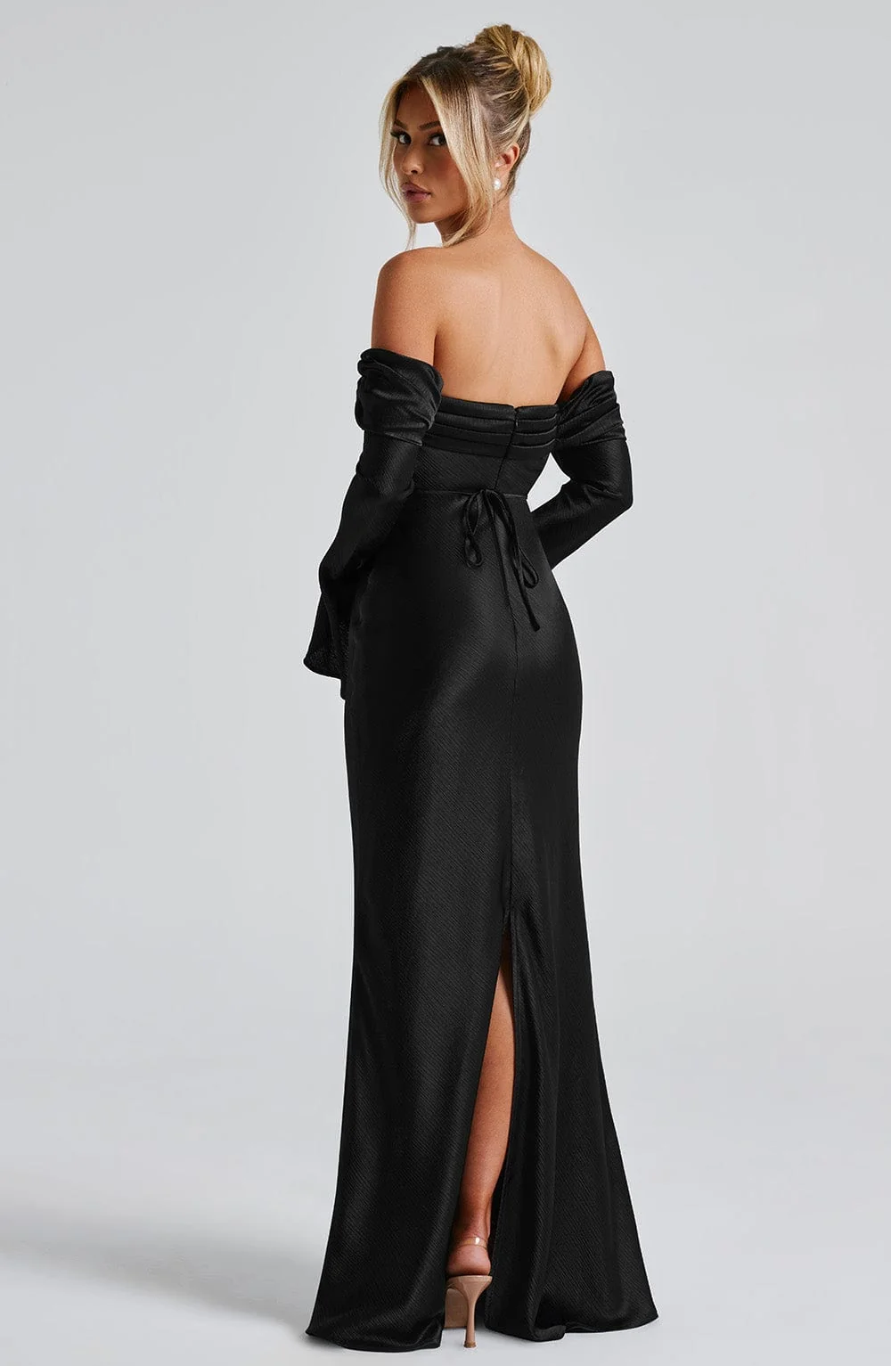 Elegant Black Satin Cocktail Maxi Dress with Bardot Neckline