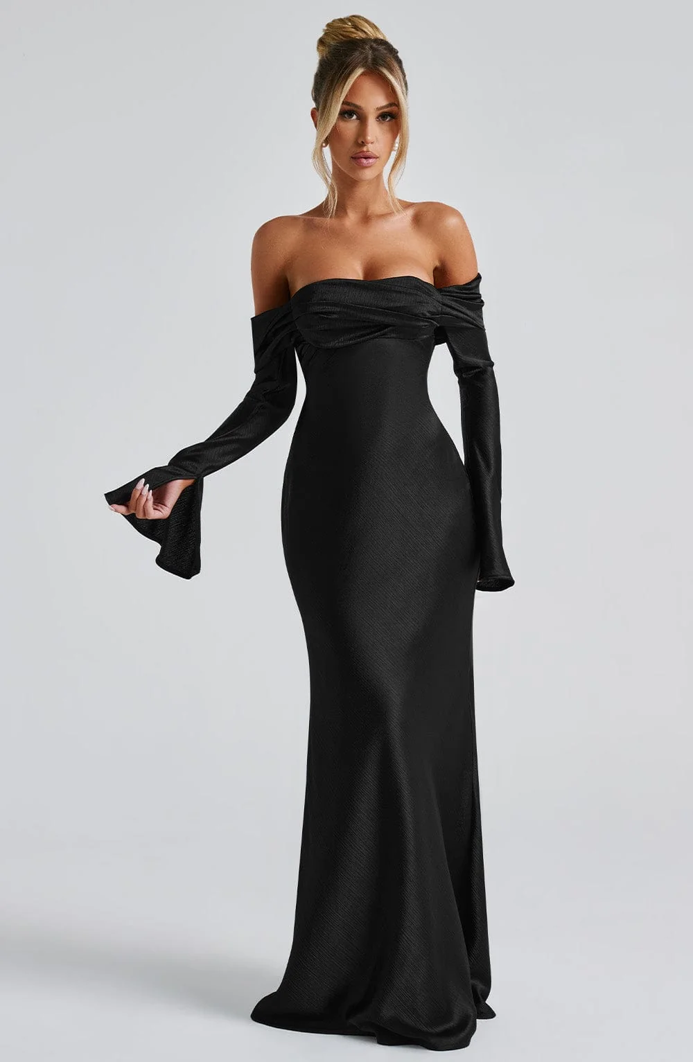 Elegant Black Satin Cocktail Maxi Dress with Bardot Neckline