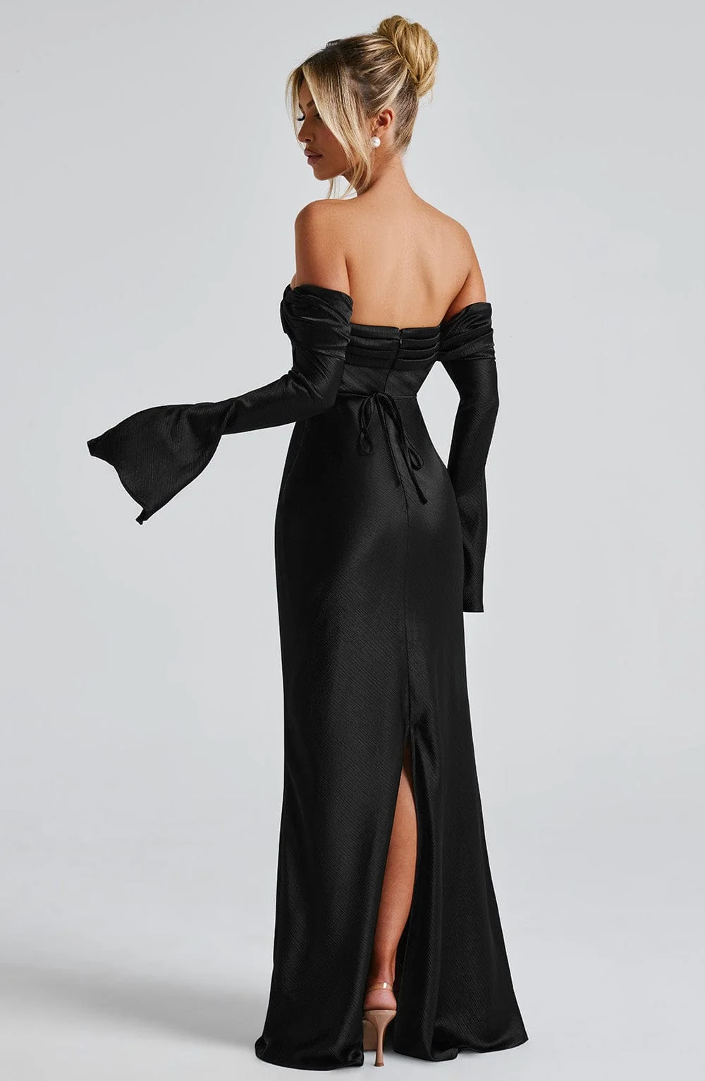 Elegant Black Satin Cocktail Maxi Dress with Bardot Neckline