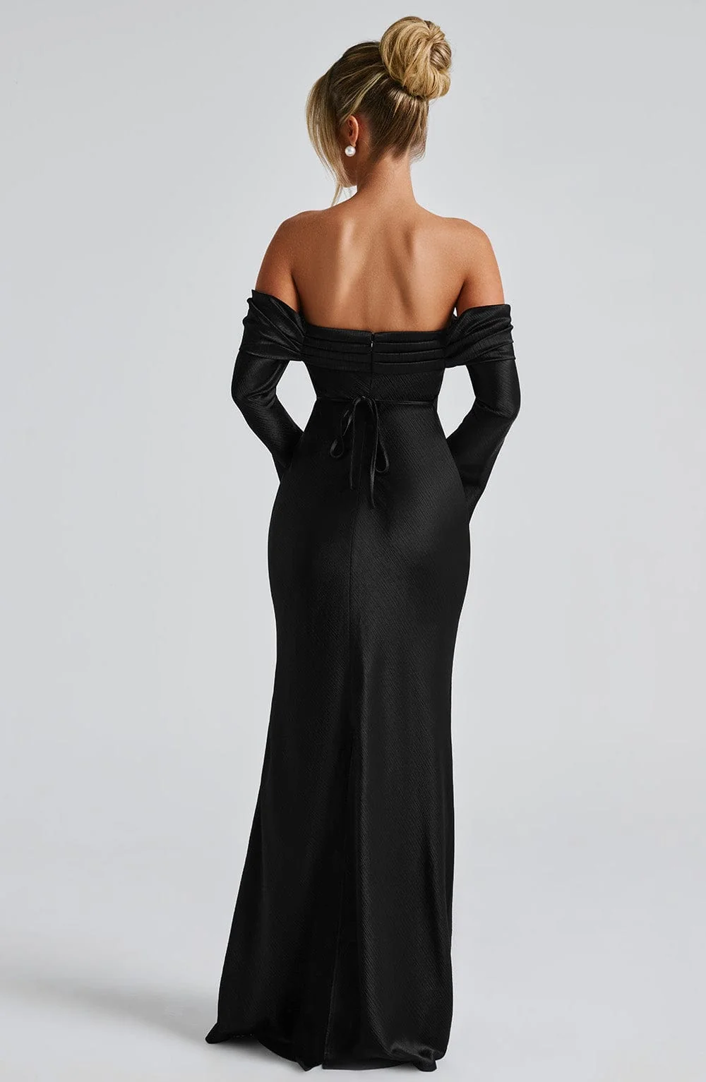 Elegant Black Satin Cocktail Maxi Dress with Bardot Neckline