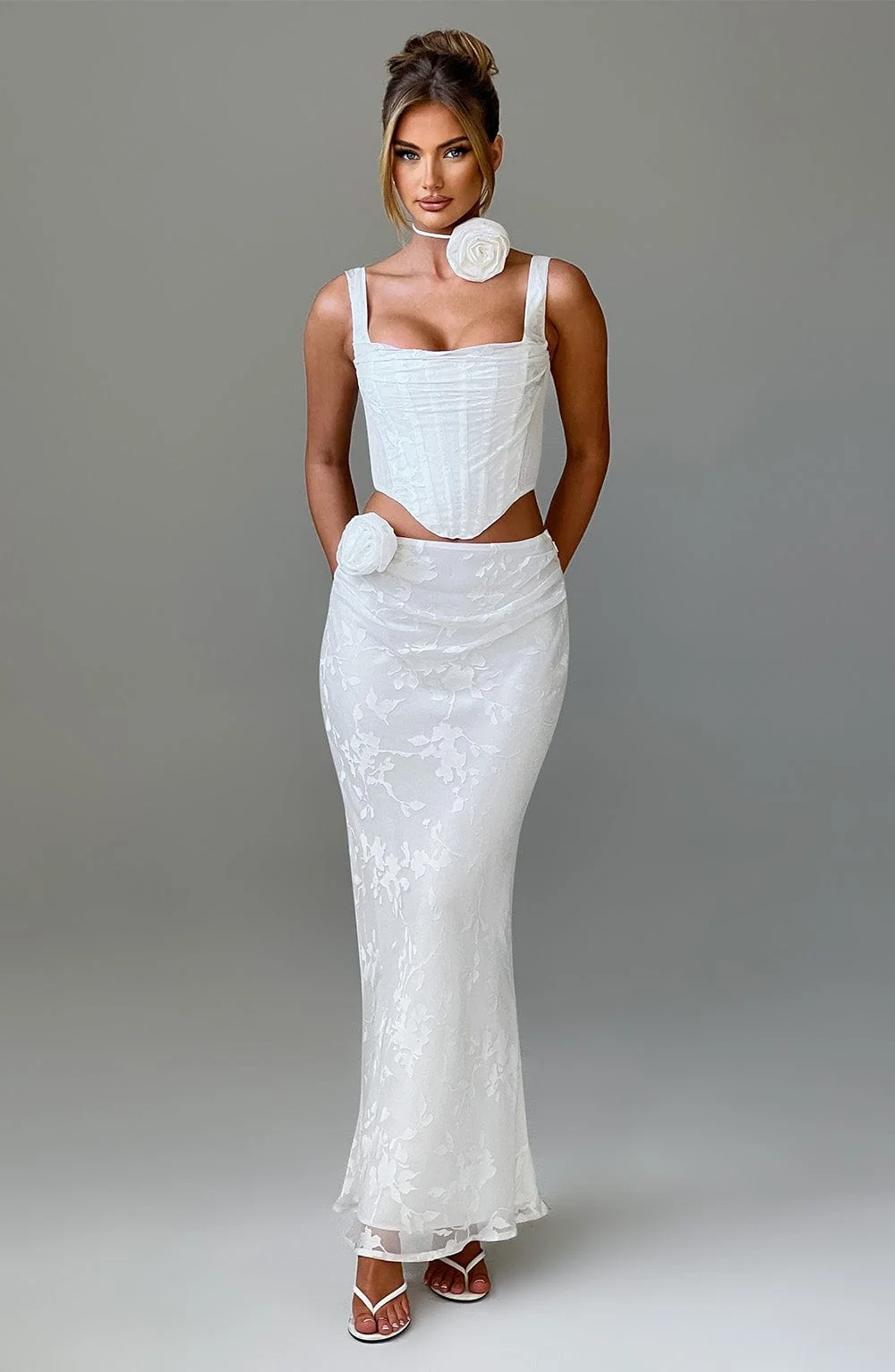 Ivory Floral Chiffon Maxi Skirt