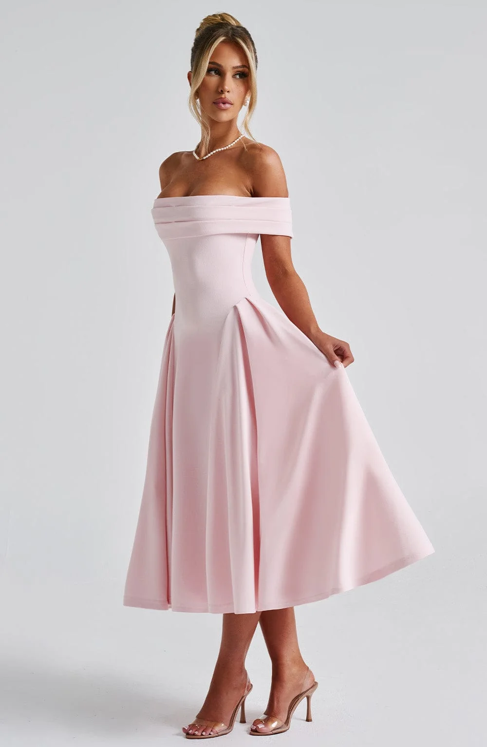 Blush Bardot Waist Cinching Midi Dress - Luxe Stretch Crepe