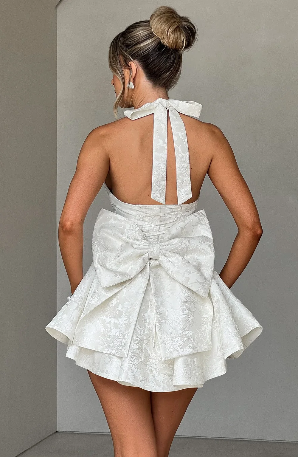 Ivory Floral Jacquard Playsuit - Elegant Womens Mini Dress