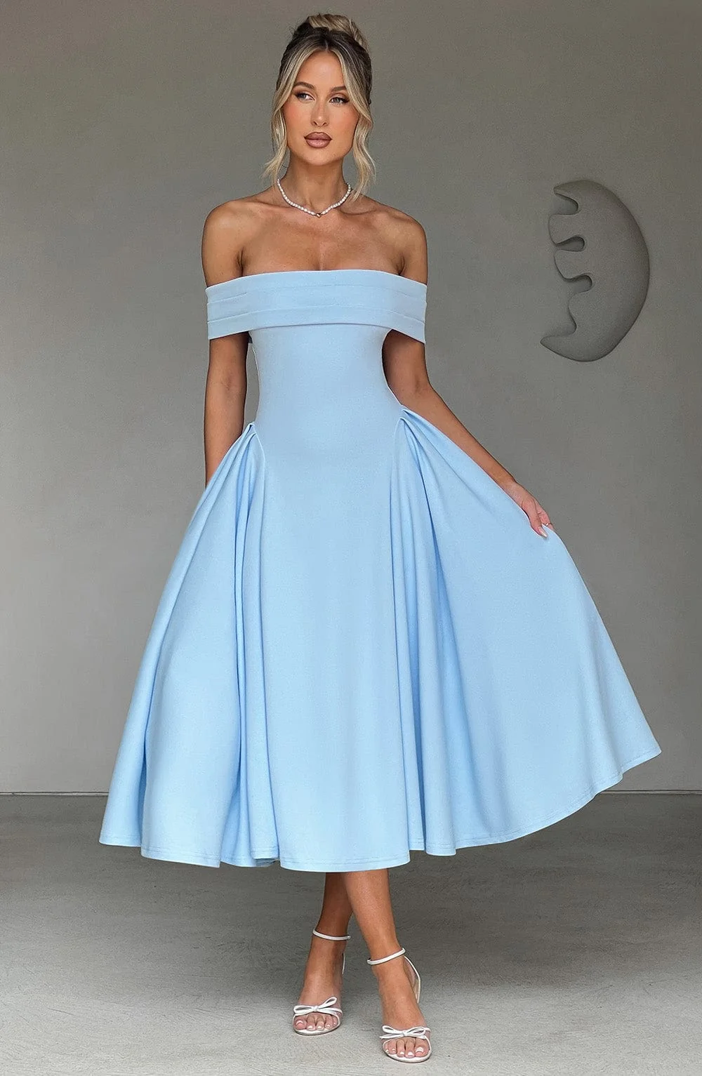 Blue Pleated Bardot Midi Dress | Premium Crepe Style