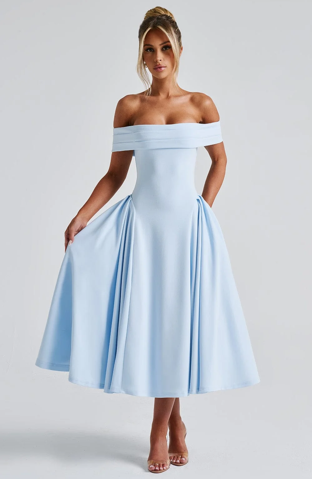 Blue Pleated Bardot Midi Dress | Premium Crepe Style