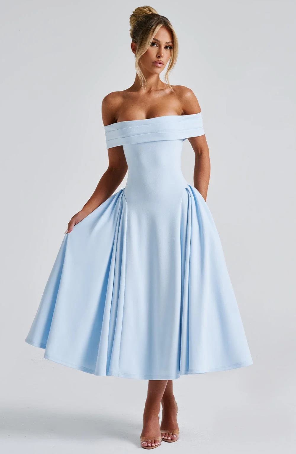 Blue Pleated Bardot Midi Dress | Premium Crepe Style