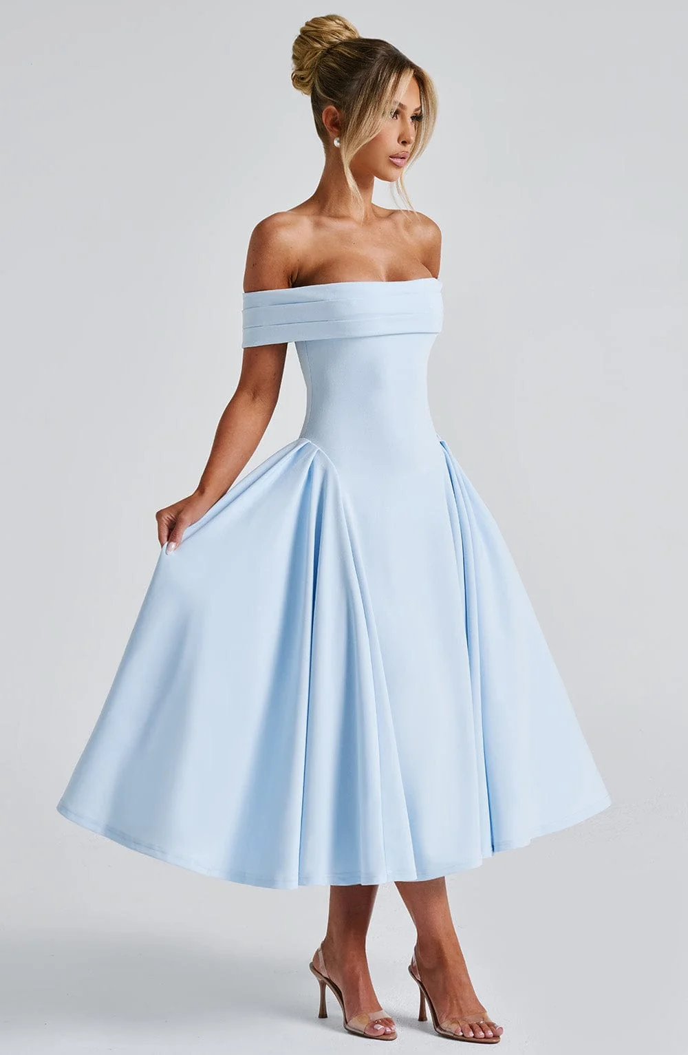 Blue Pleated Bardot Midi Dress | Premium Crepe Style
