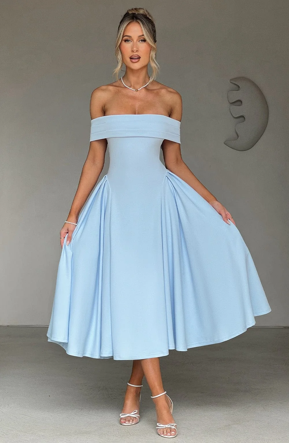 Blue Pleated Bardot Midi Dress | Premium Crepe Style