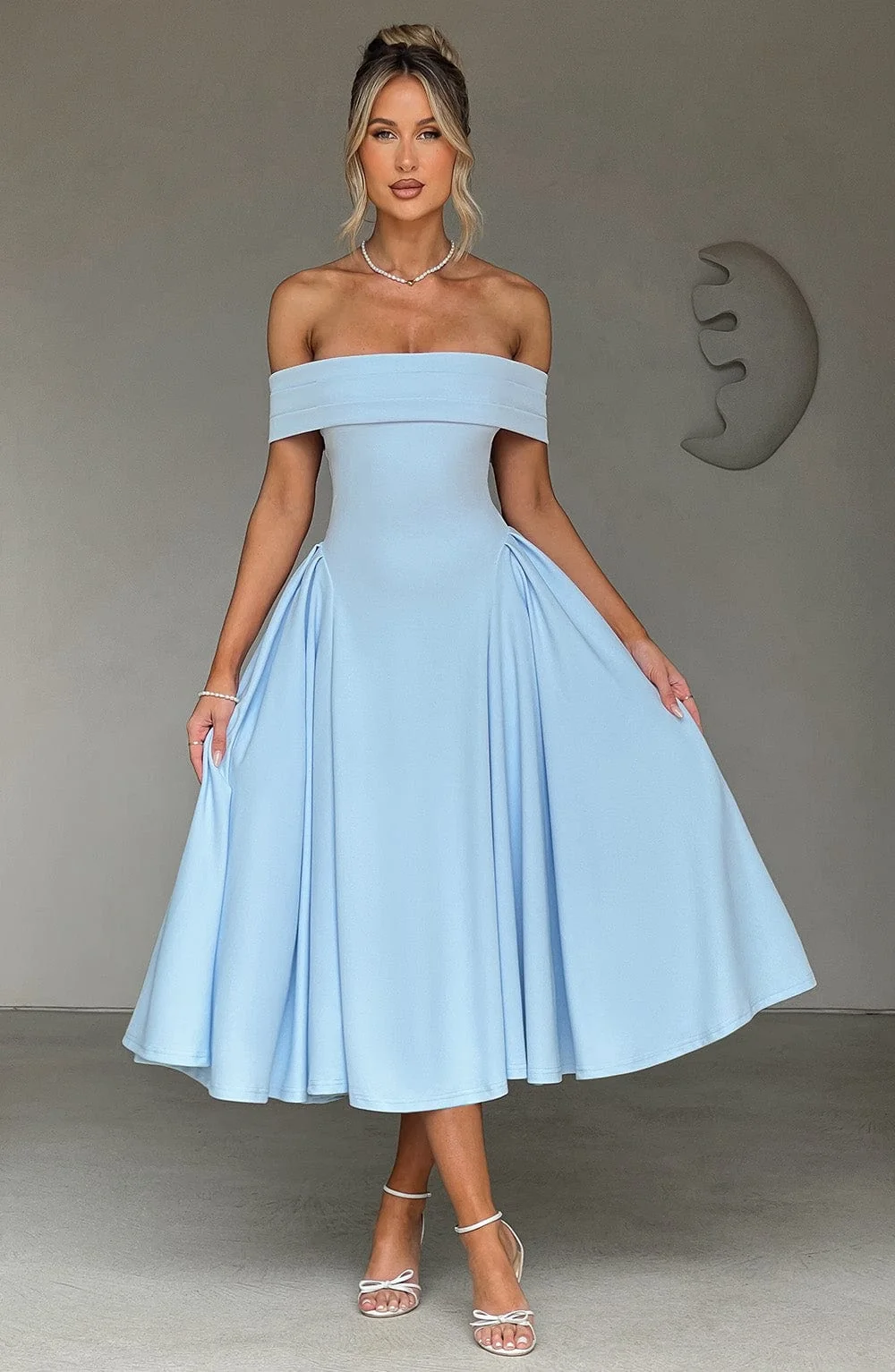 Blue Pleated Bardot Midi Dress | Premium Crepe Style