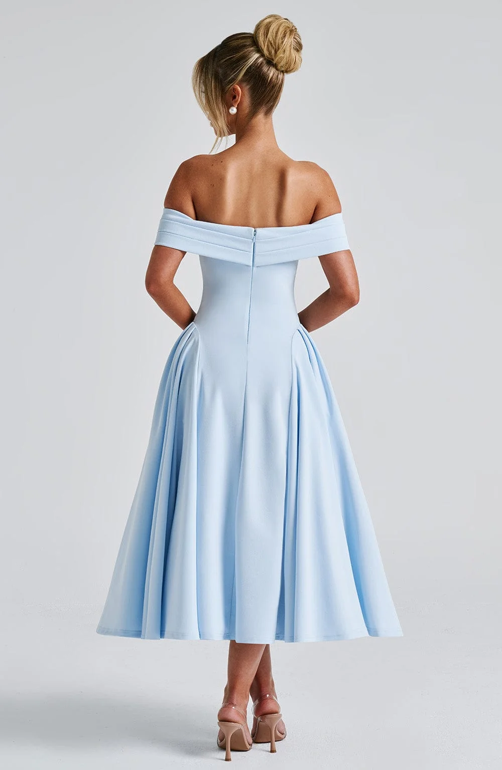Blue Pleated Bardot Midi Dress | Premium Crepe Style