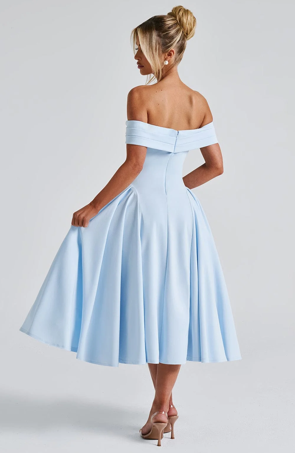 Blue Pleated Bardot Midi Dress | Premium Crepe Style