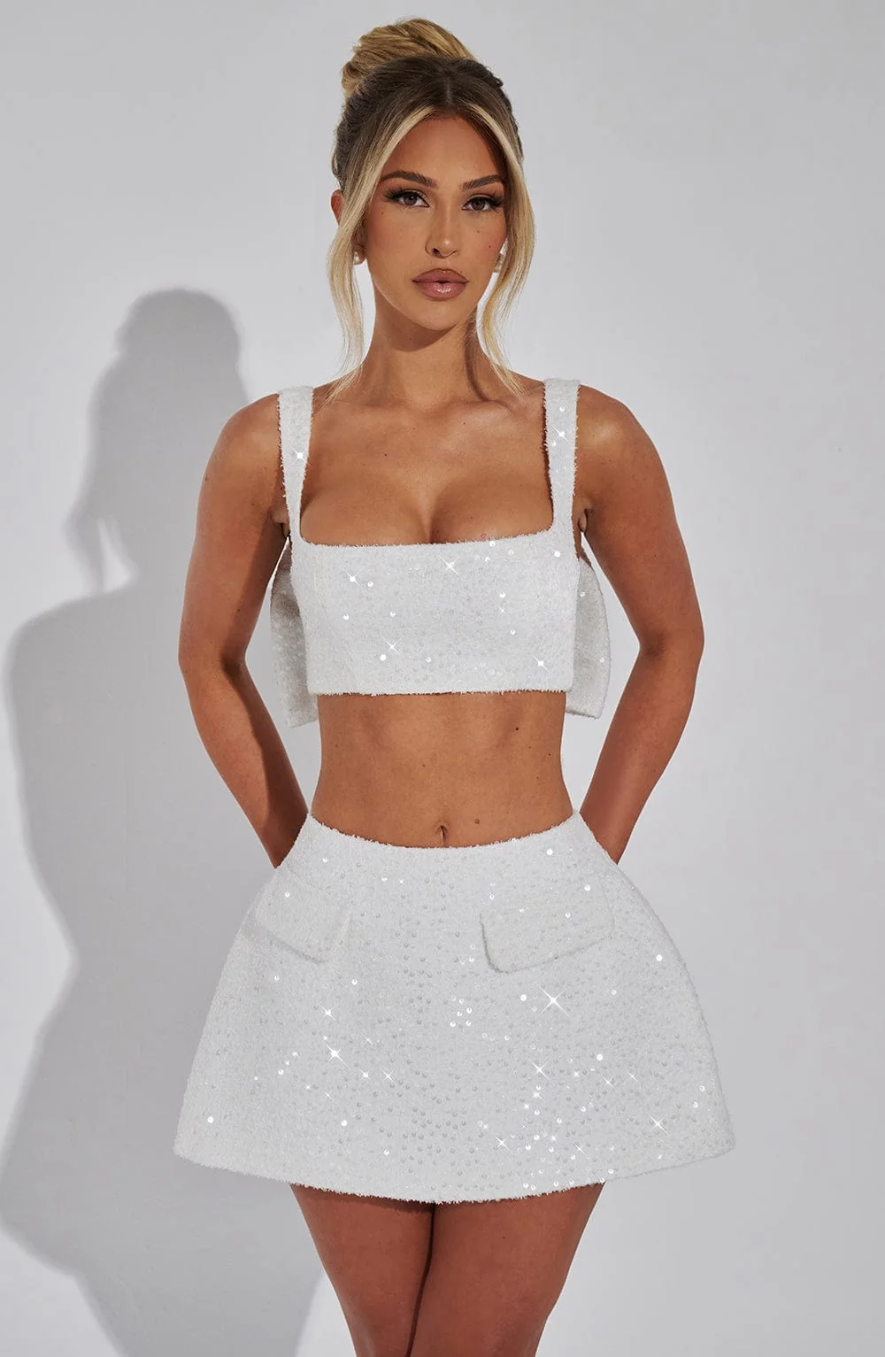 Ivory Sequin Tweed Bralette Top with Bow Detail