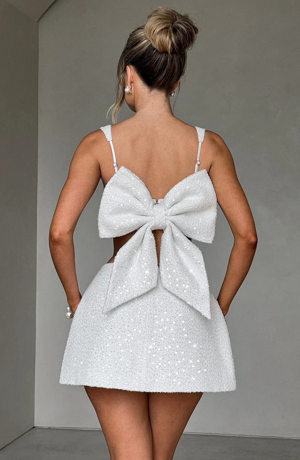 Ivory Sequin Tweed Bralette Top with Bow Detail