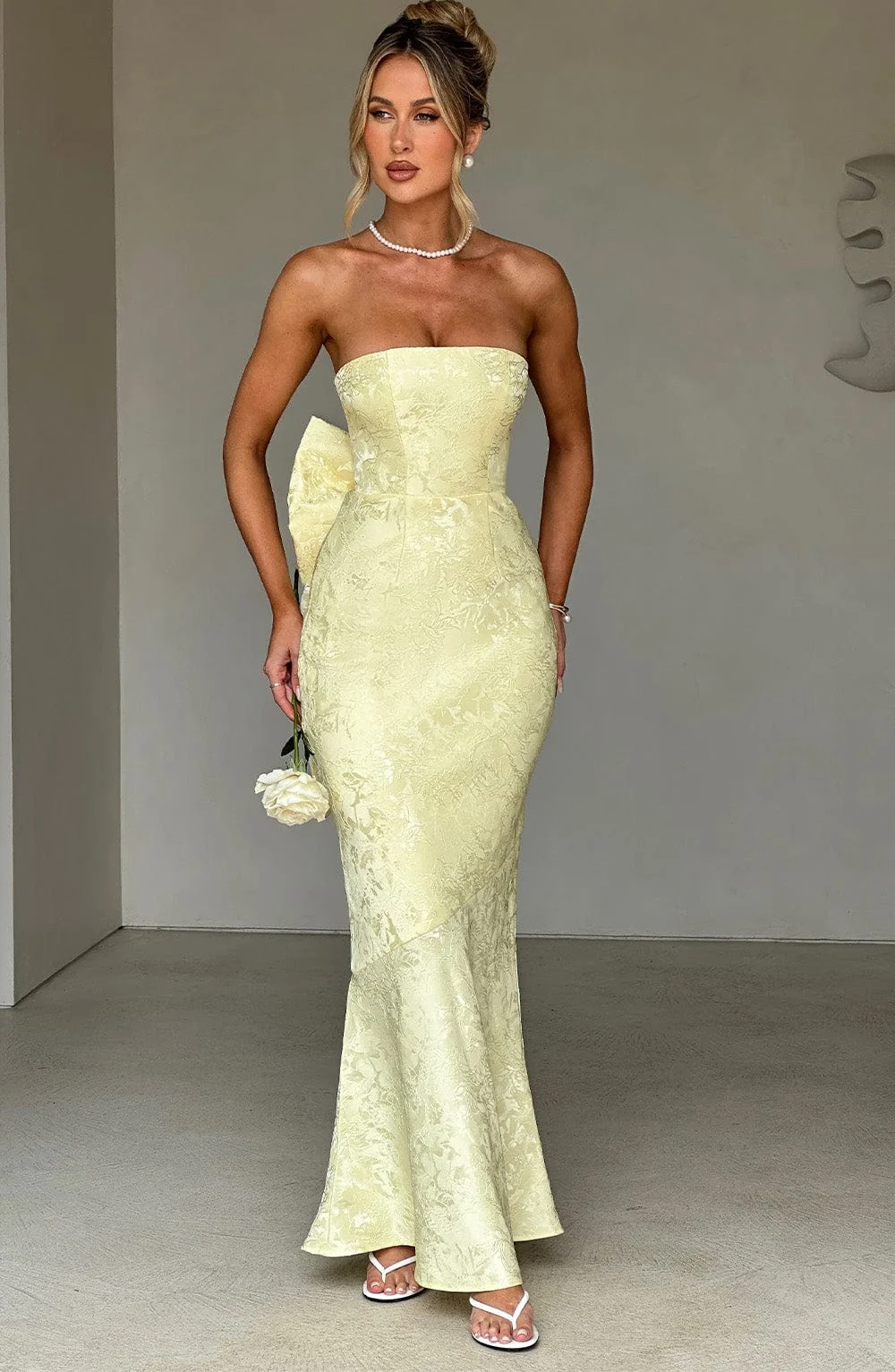 Lemon Jacquard Fit and Flare Maxi Dress with Oversized Bow - Womens Elegant Strapless Dress