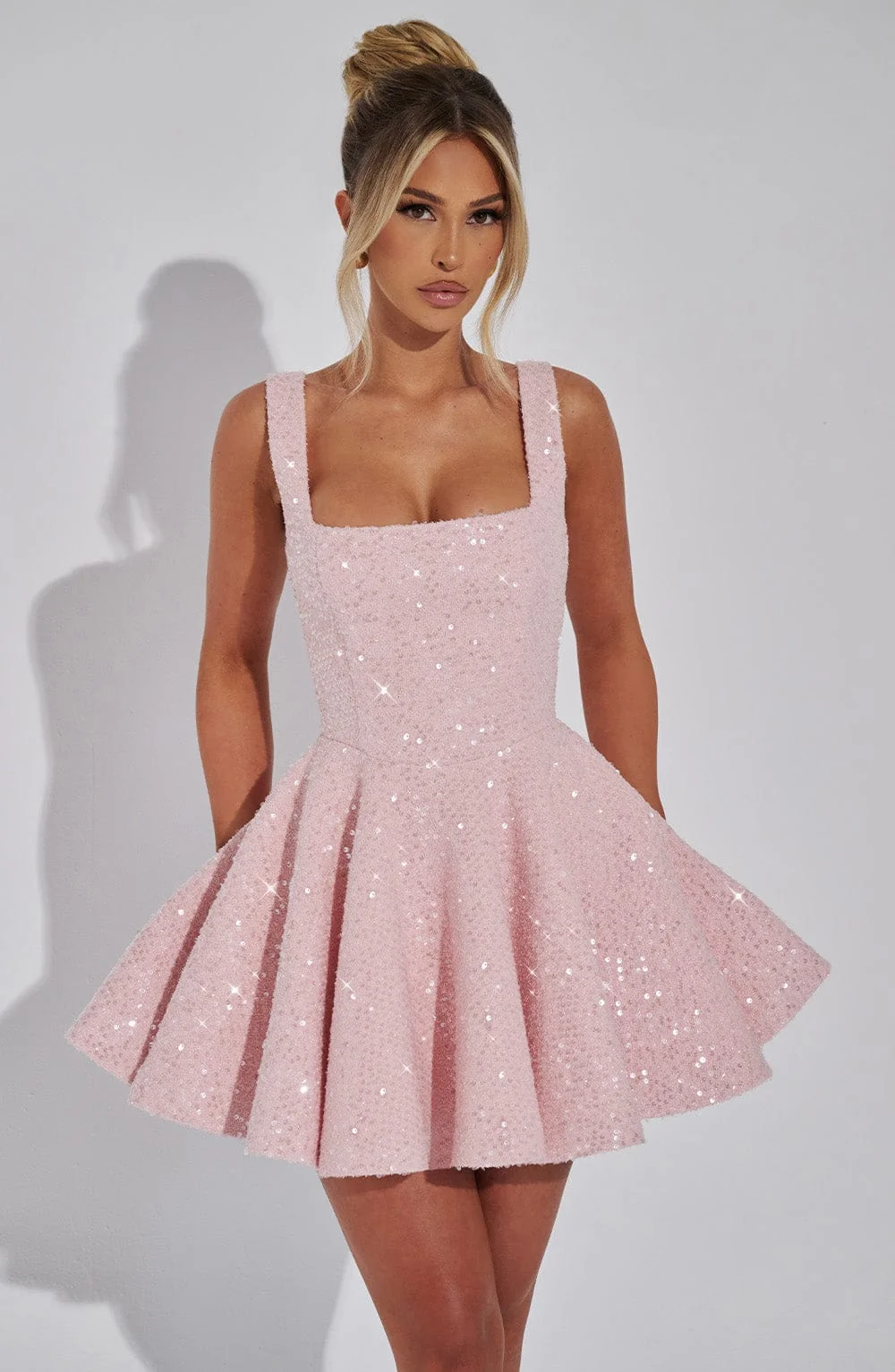 Blush Sequin Mini Dress with Detachable Bow - Stylish Yet Sophisticated Design