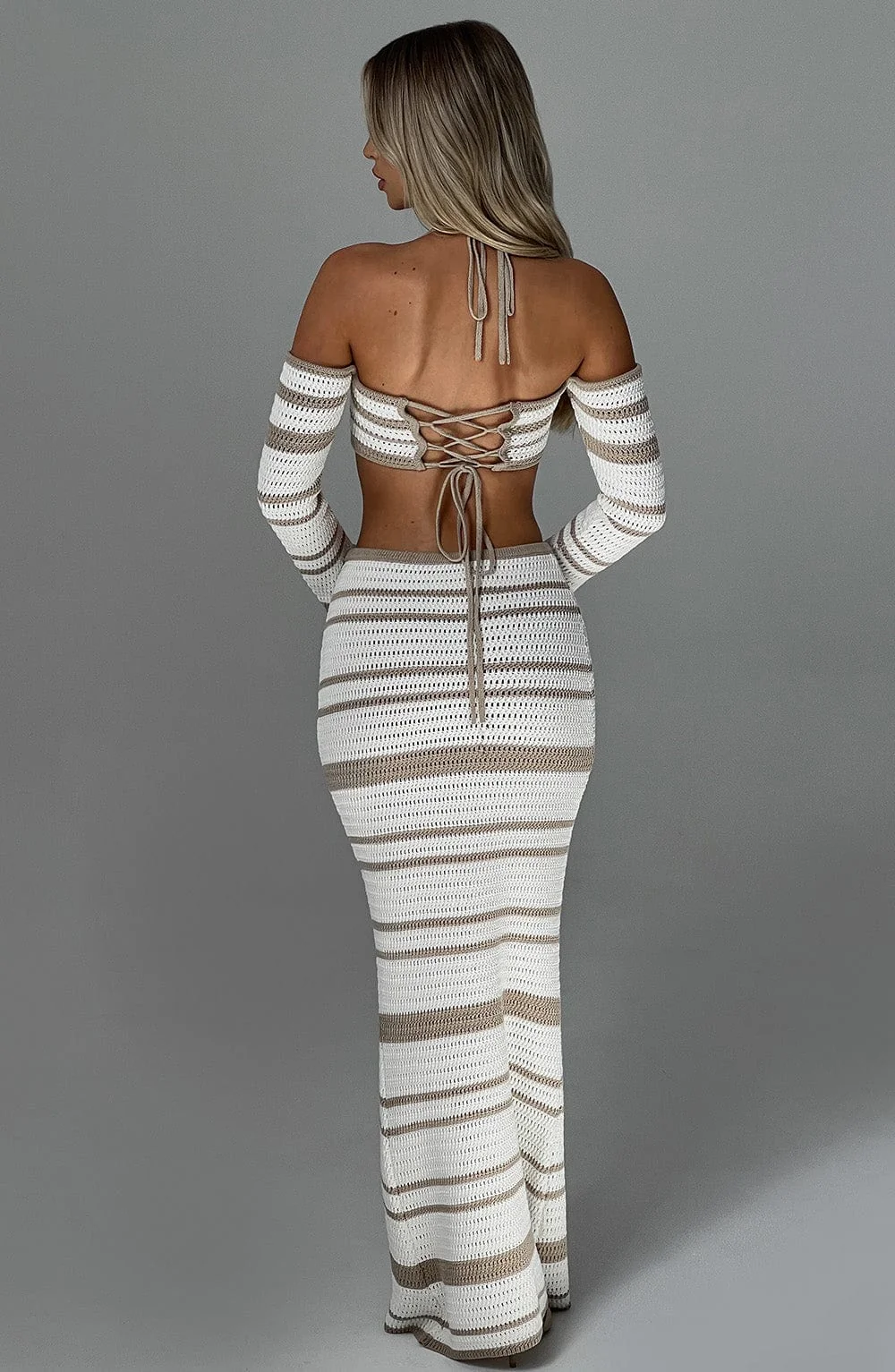 Chic Beige/White Crochet Knit Maxi Skirt - Elastic Waistband