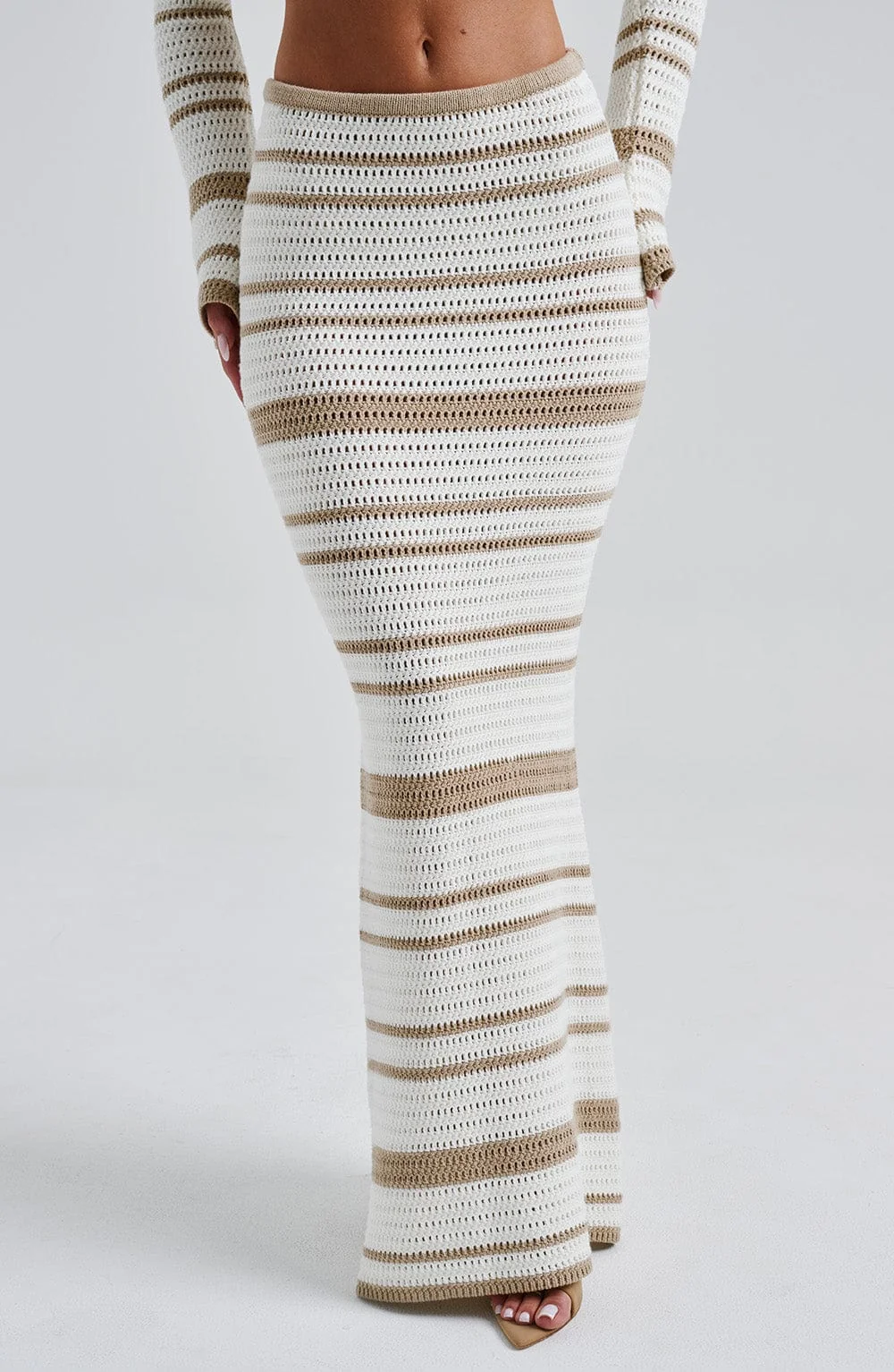 Chic Beige/White Crochet Knit Maxi Skirt - Elastic Waistband