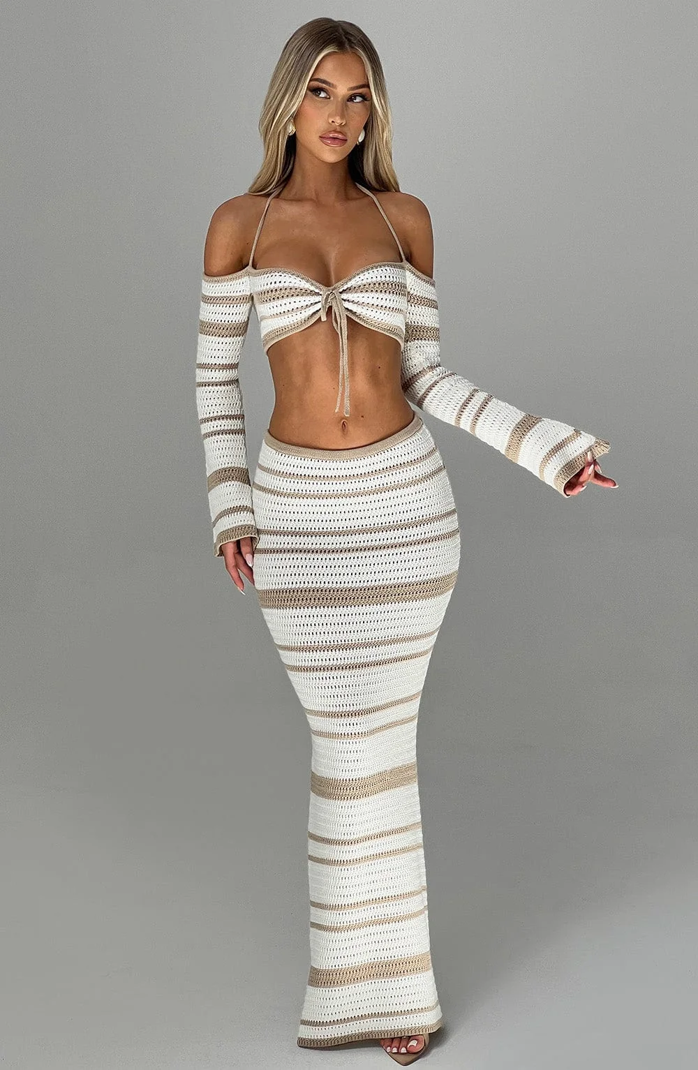 Chic Beige/White Crochet Knit Maxi Skirt - Elastic Waistband