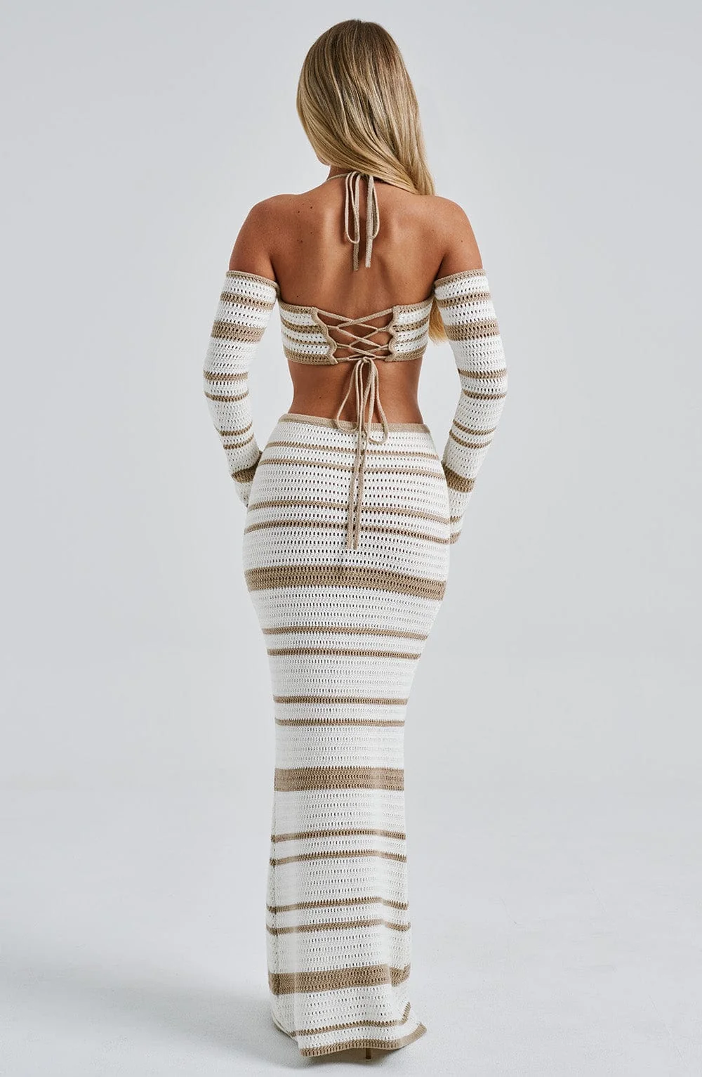 Chic Beige/White Crochet Knit Maxi Skirt - Elastic Waistband