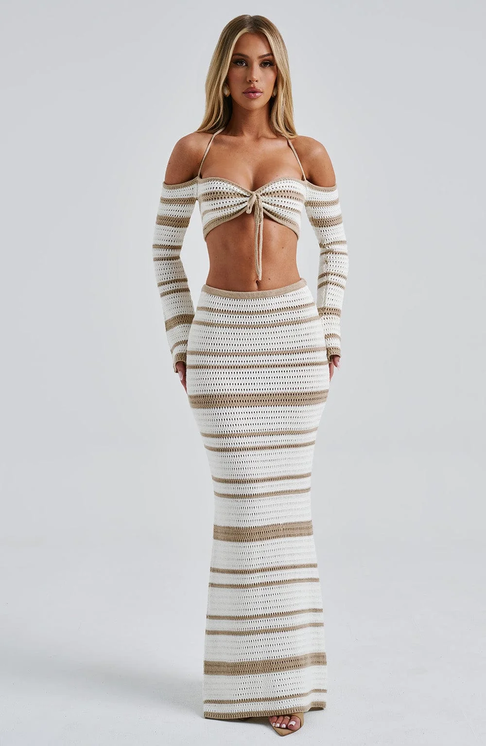 Chic Beige/White Crochet Knit Maxi Skirt - Elastic Waistband