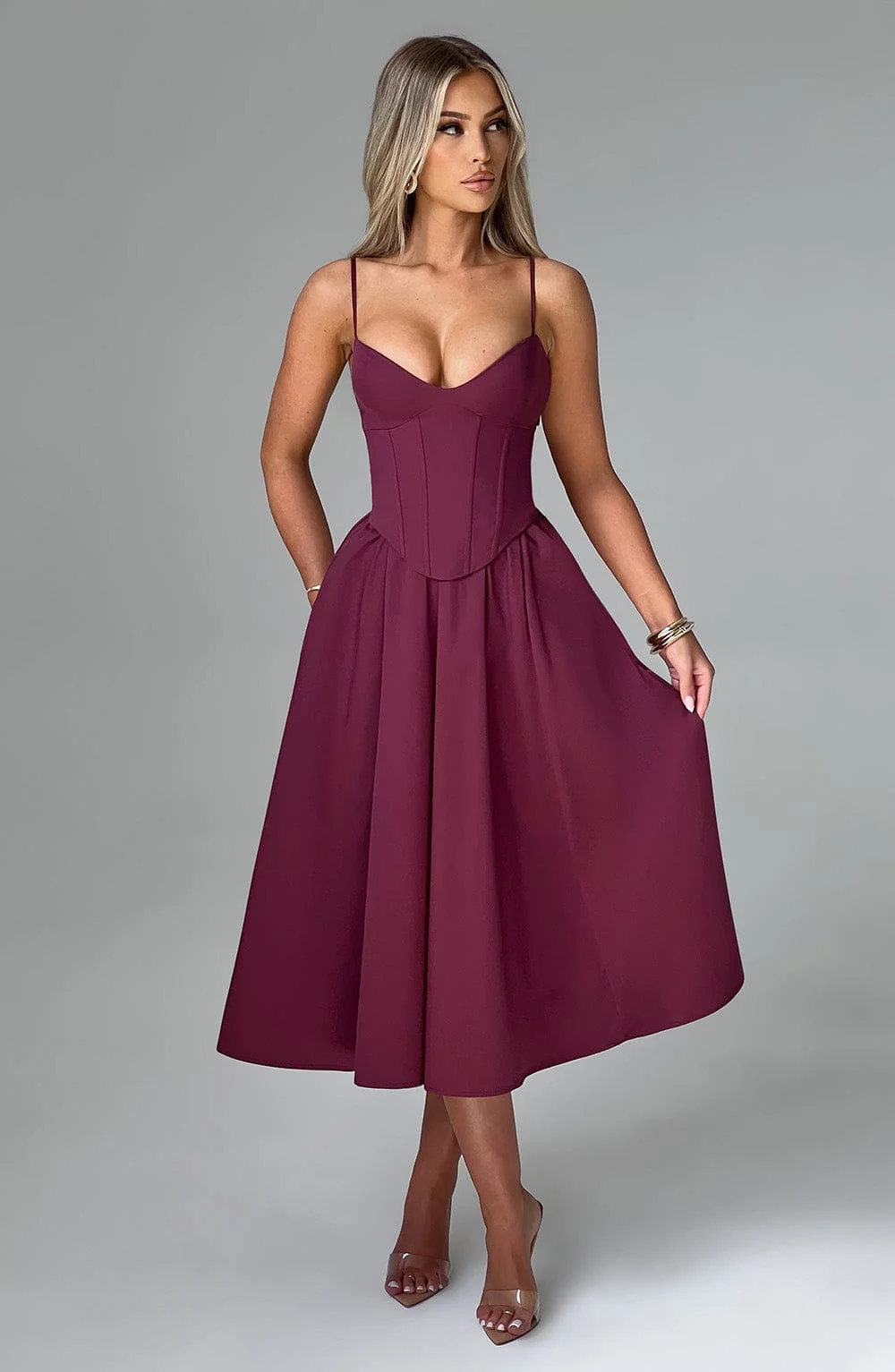 Cherry Lacquer Corseted Midi Dress - Elegant Evening Wear