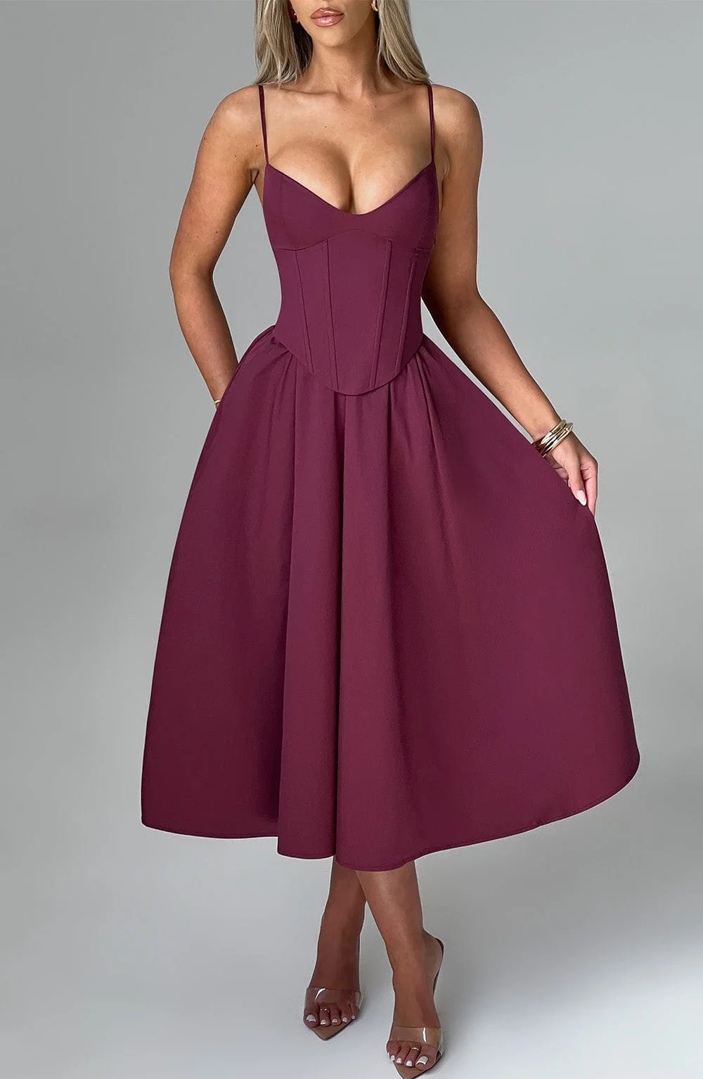 Cherry Lacquer Corseted Midi Dress - Elegant Evening Wear