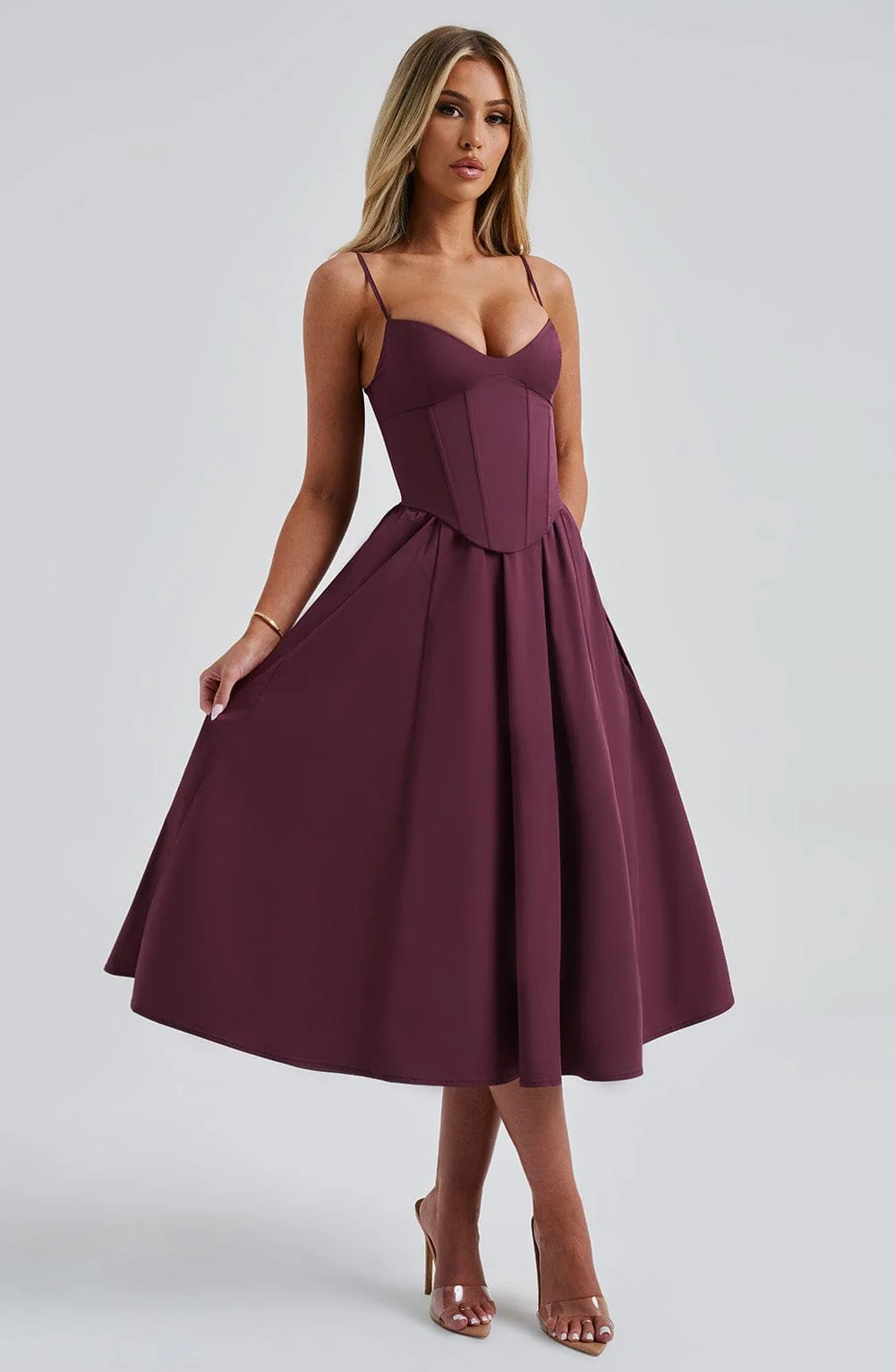 Cherry Lacquer Corseted Midi Dress - Elegant Evening Wear