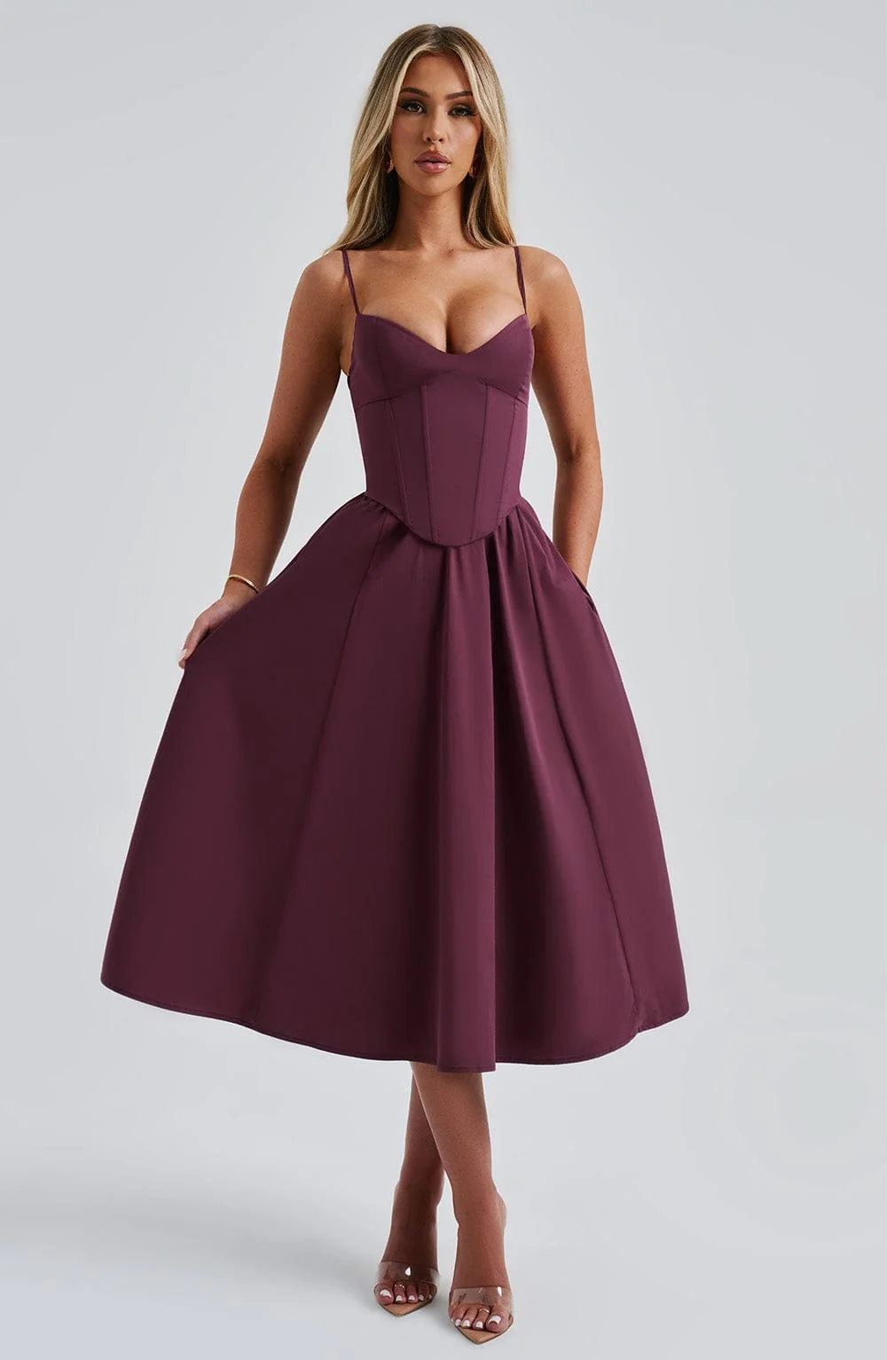 Cherry Lacquer Corseted Midi Dress - Elegant Evening Wear