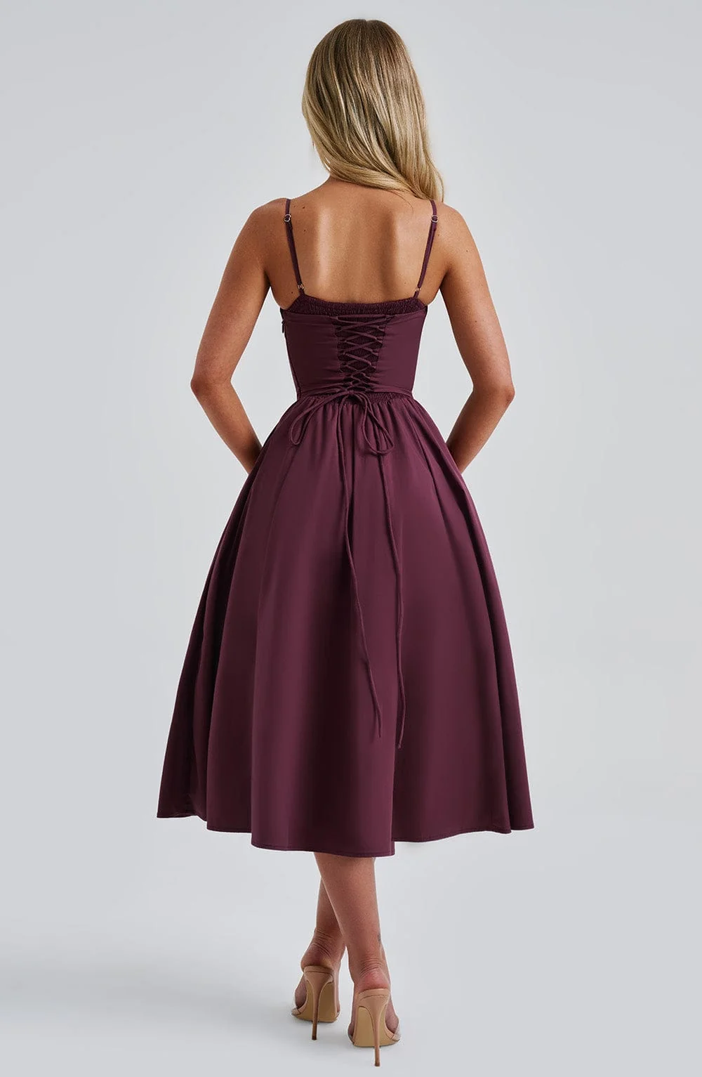 Cherry Lacquer Corseted Midi Dress - Elegant Evening Wear