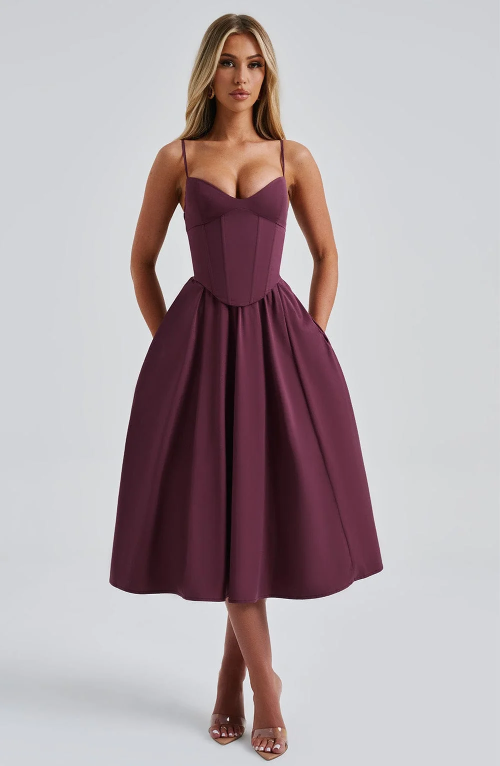 Cherry Lacquer Corseted Midi Dress - Elegant Evening Wear