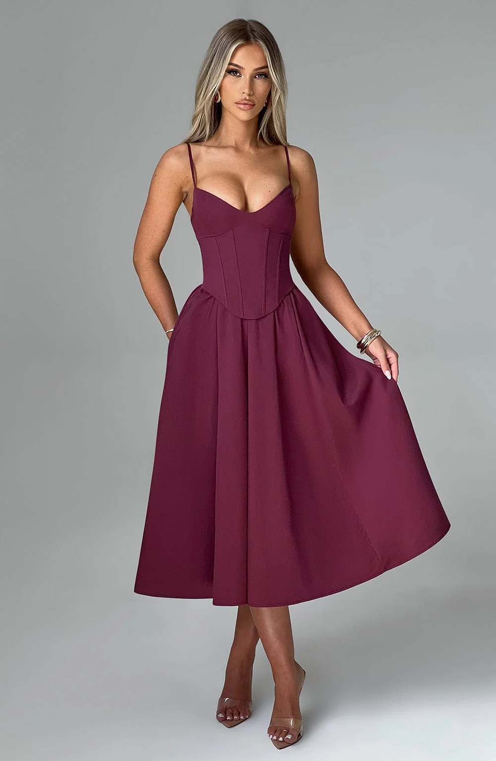 Cherry Lacquer Corseted Midi Dress - Elegant Evening Wear