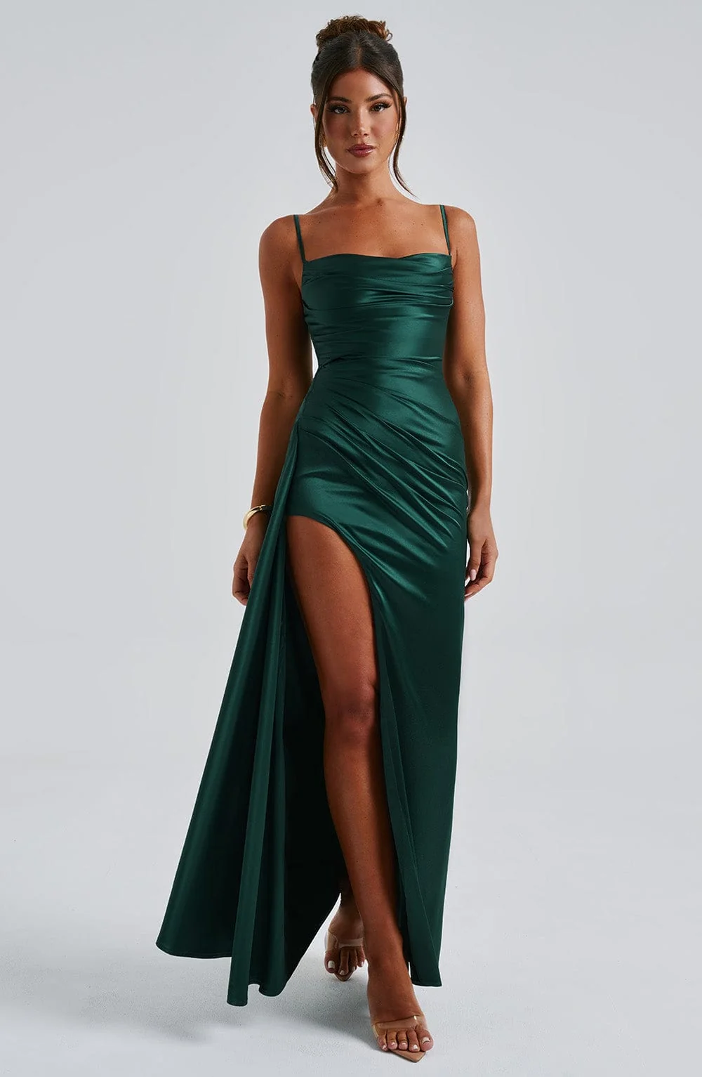 Emerald Maxi Dress with Cowl Neckline and Thigh-High Split