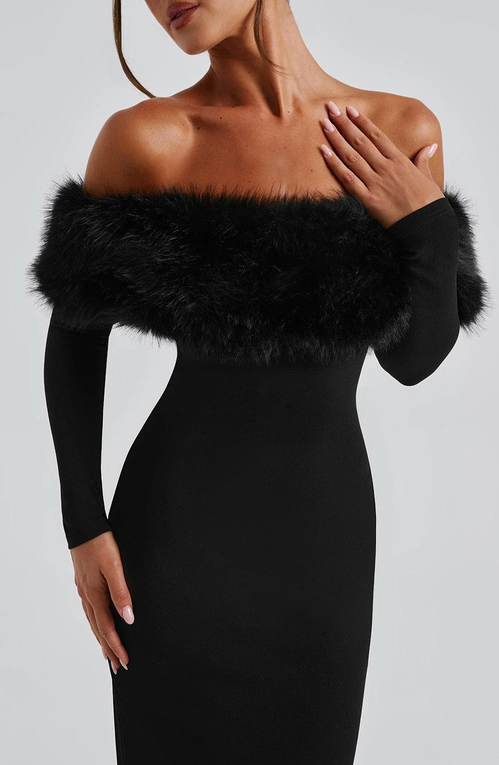Black Bardot Faux Fur Trimmed Midi Dress for Women