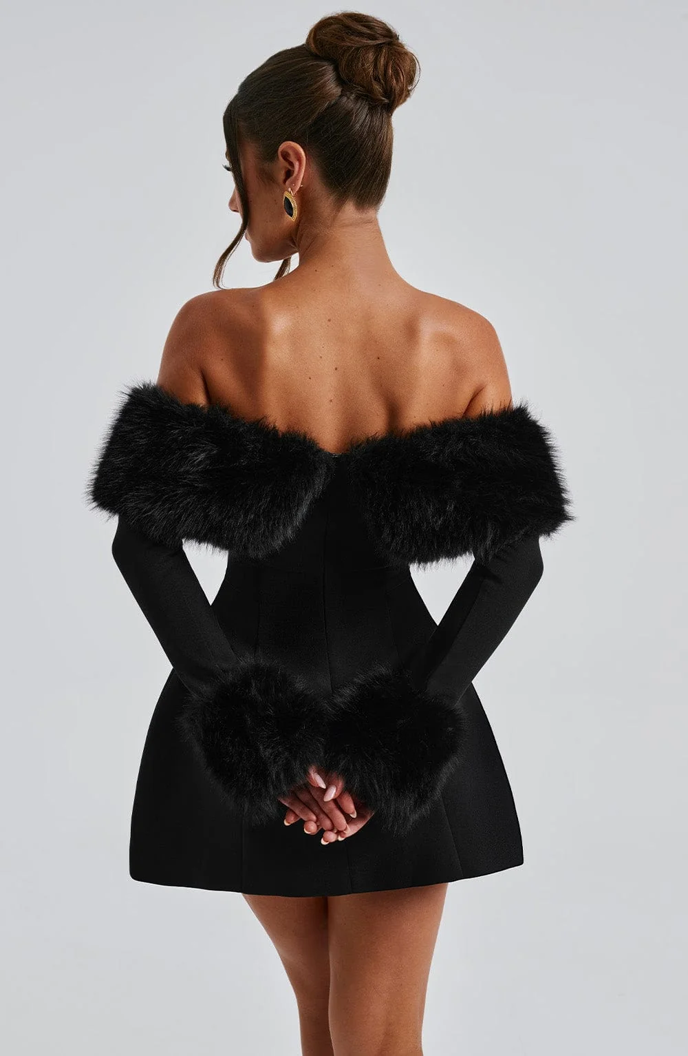 Bubble Hem Black Mini Dress - Premium Faux Fur Trims