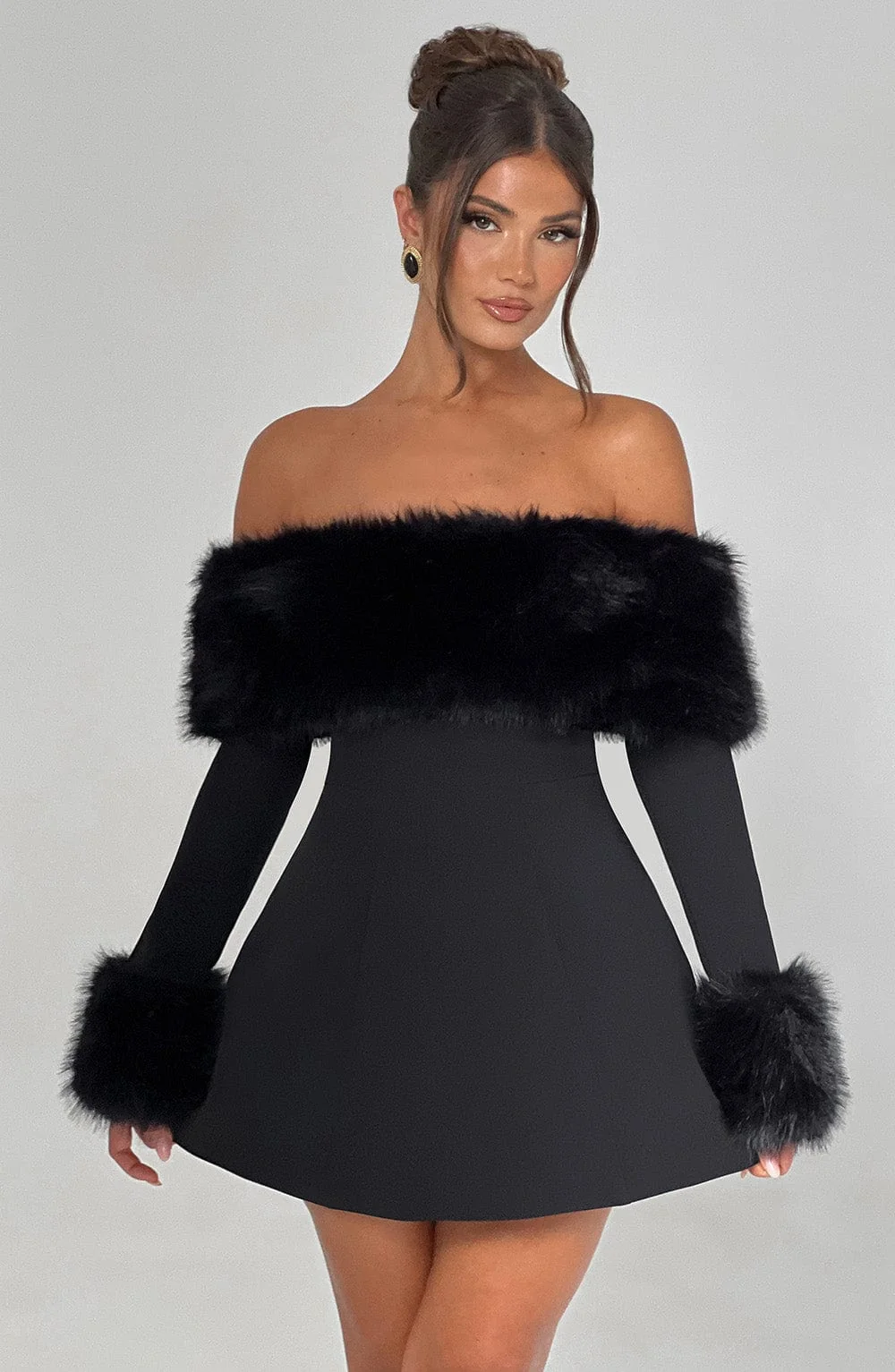 Bubble Hem Black Mini Dress - Premium Faux Fur Trims