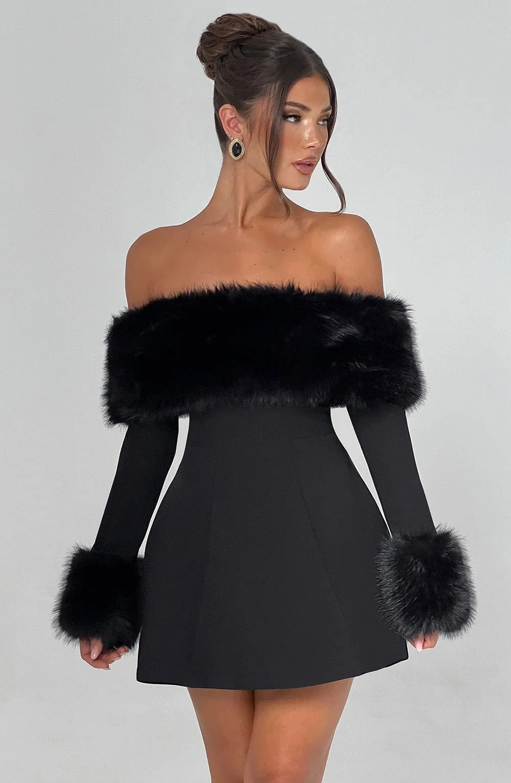 Bubble Hem Black Mini Dress - Premium Faux Fur Trims