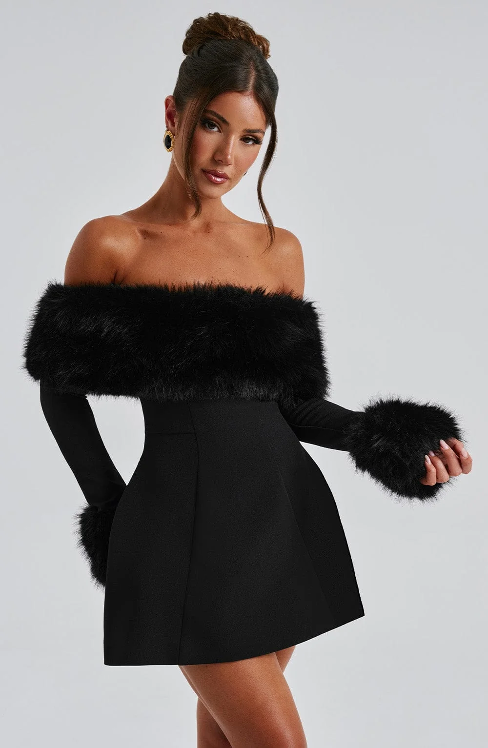 Bubble Hem Black Mini Dress - Premium Faux Fur Trims