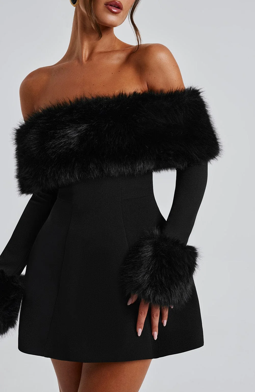 Bubble Hem Black Mini Dress - Premium Faux Fur Trims