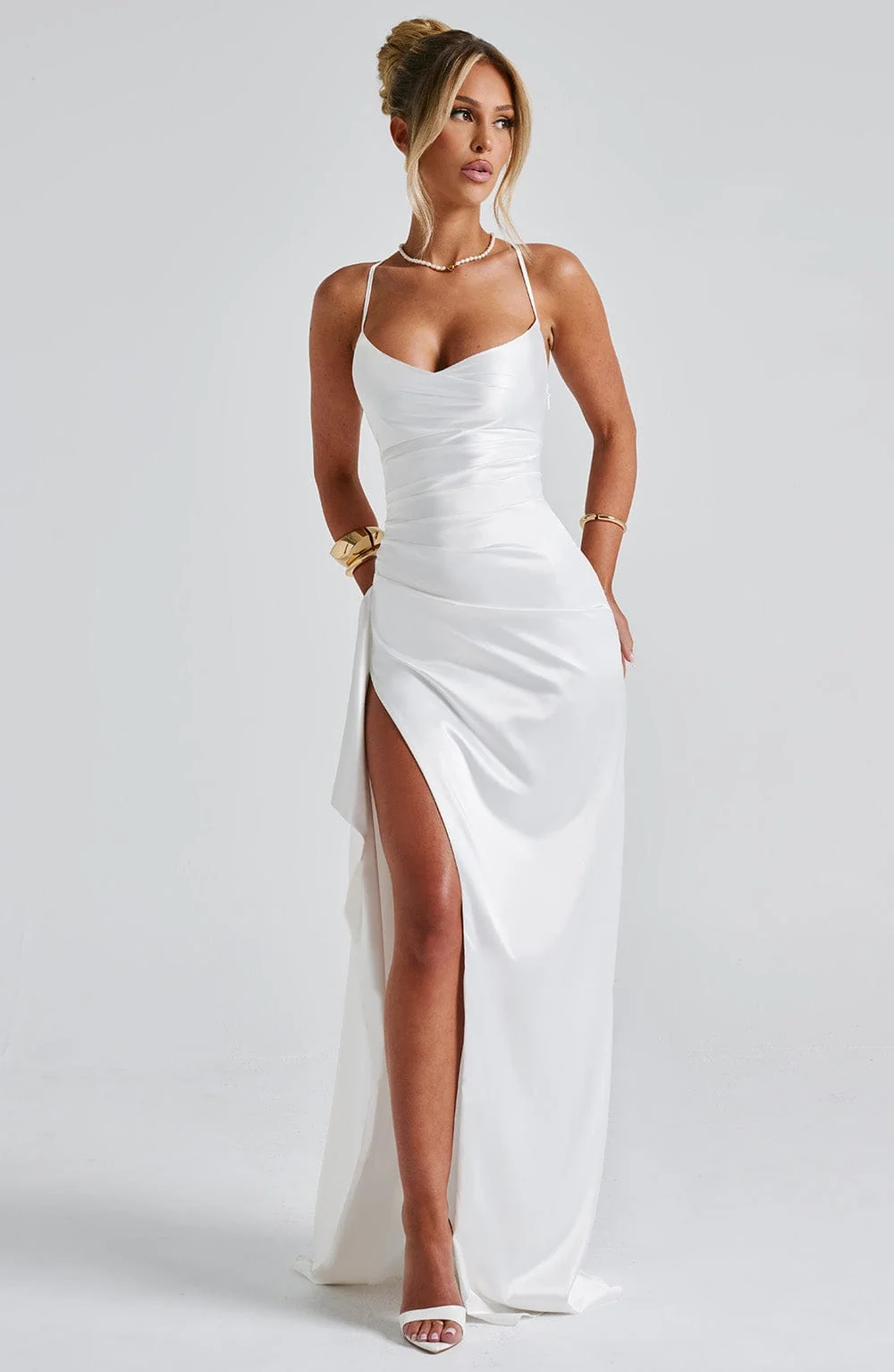 Ivory Satin Twist Cowl Neck Maxi Dress