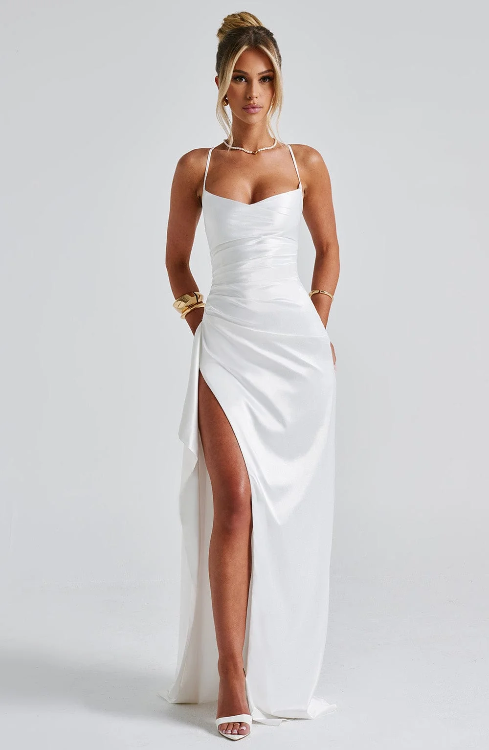 Ivory Satin Twist Cowl Neck Maxi Dress