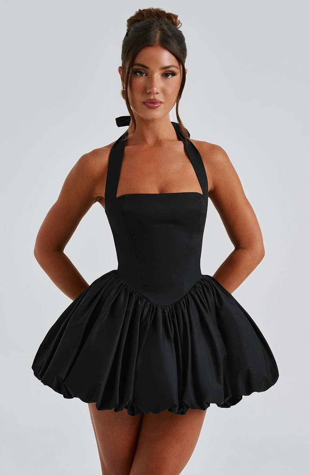 Black Square Neck Mini Dress with Puffball Skirt