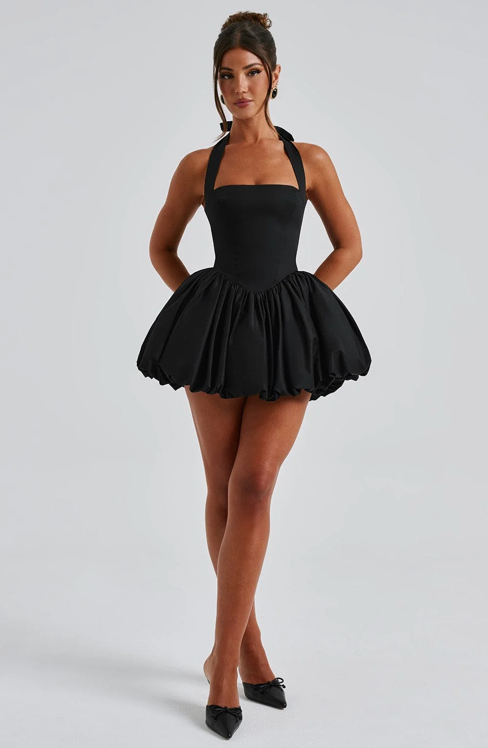 Black Square Neck Mini Dress with Puffball Skirt