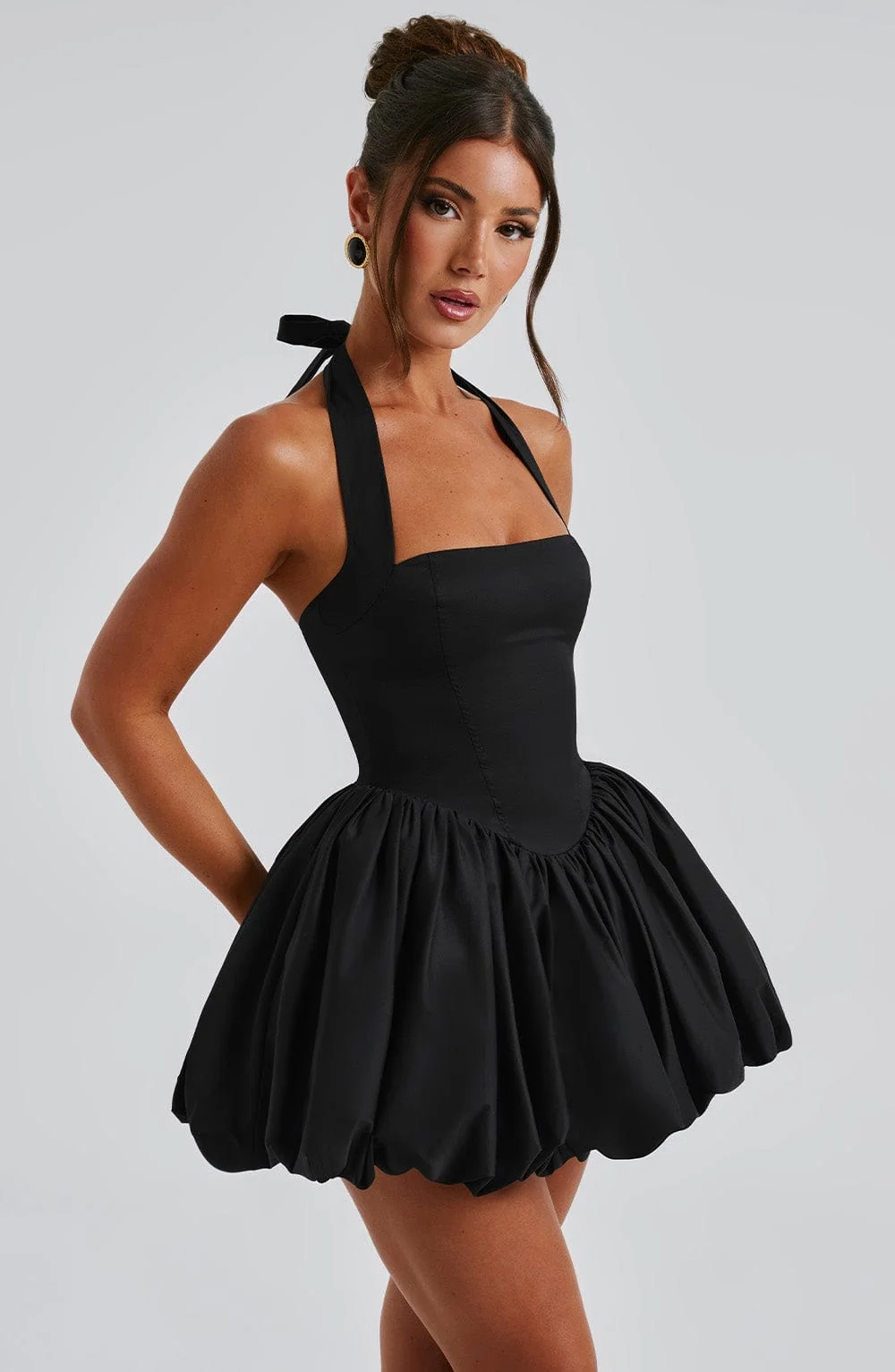 Black Square Neck Mini Dress with Puffball Skirt
