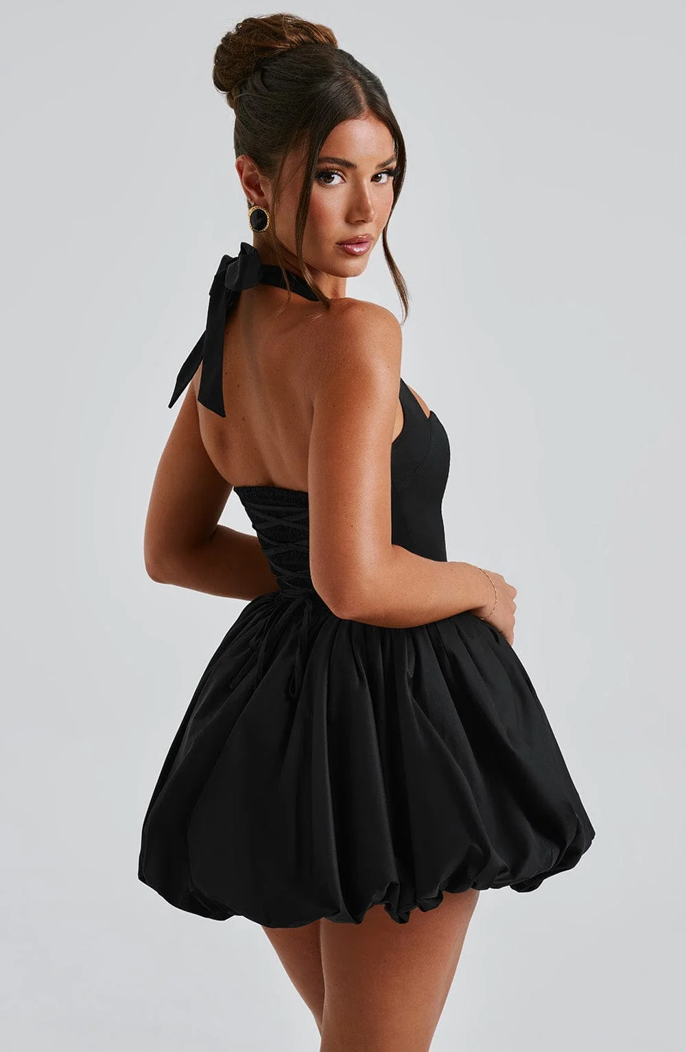 Black Square Neck Mini Dress with Puffball Skirt