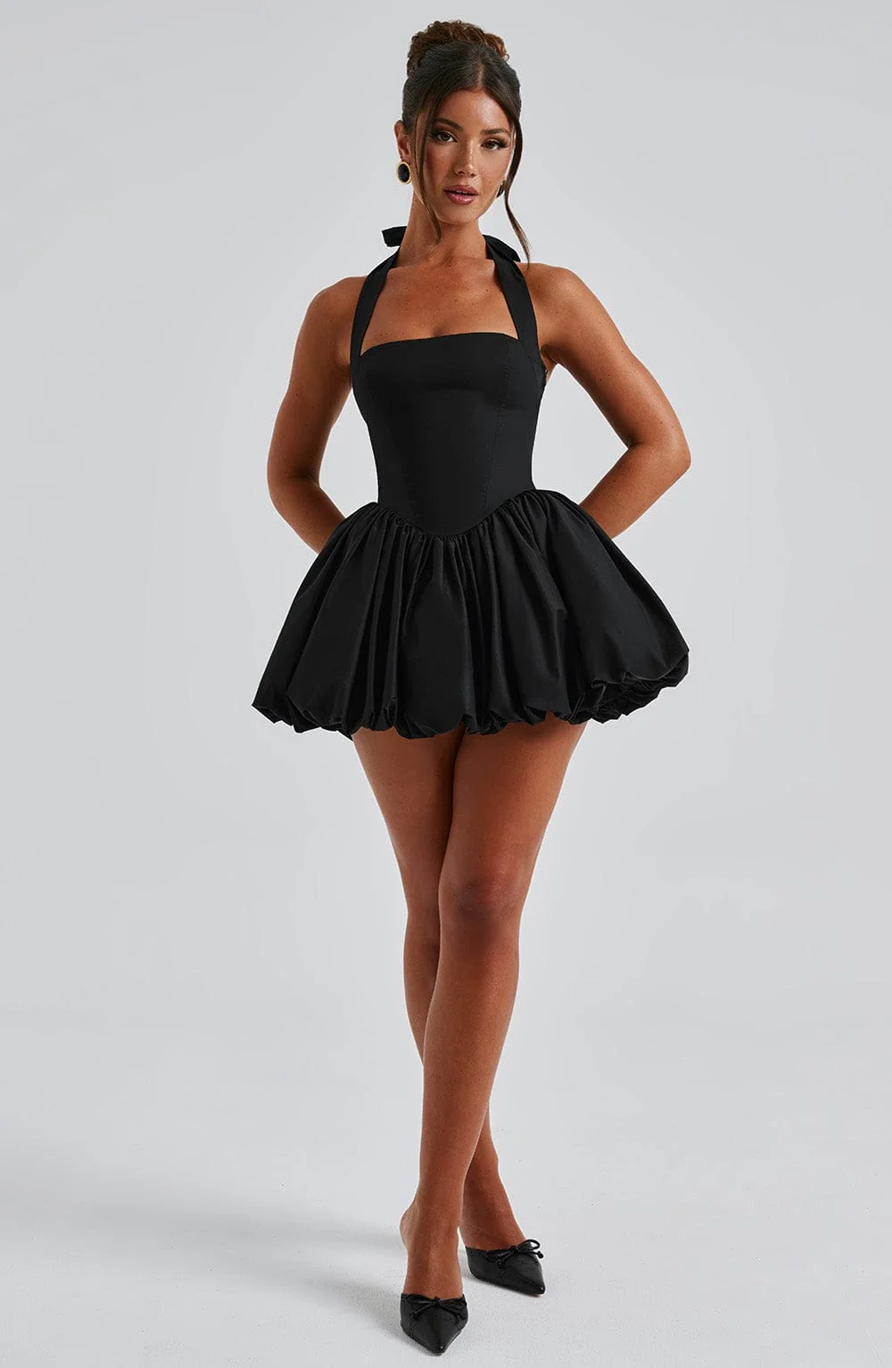 Black Square Neck Mini Dress with Puffball Skirt