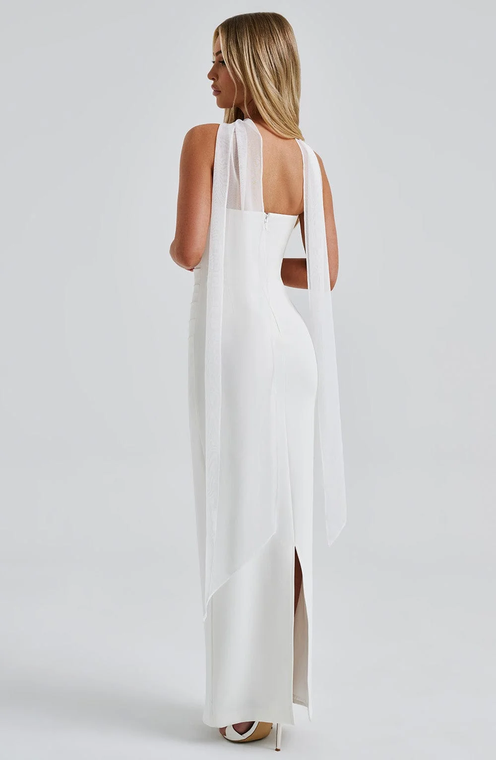 Elegant Ivory Maxi Dress with Removable Mesh Neck Panel